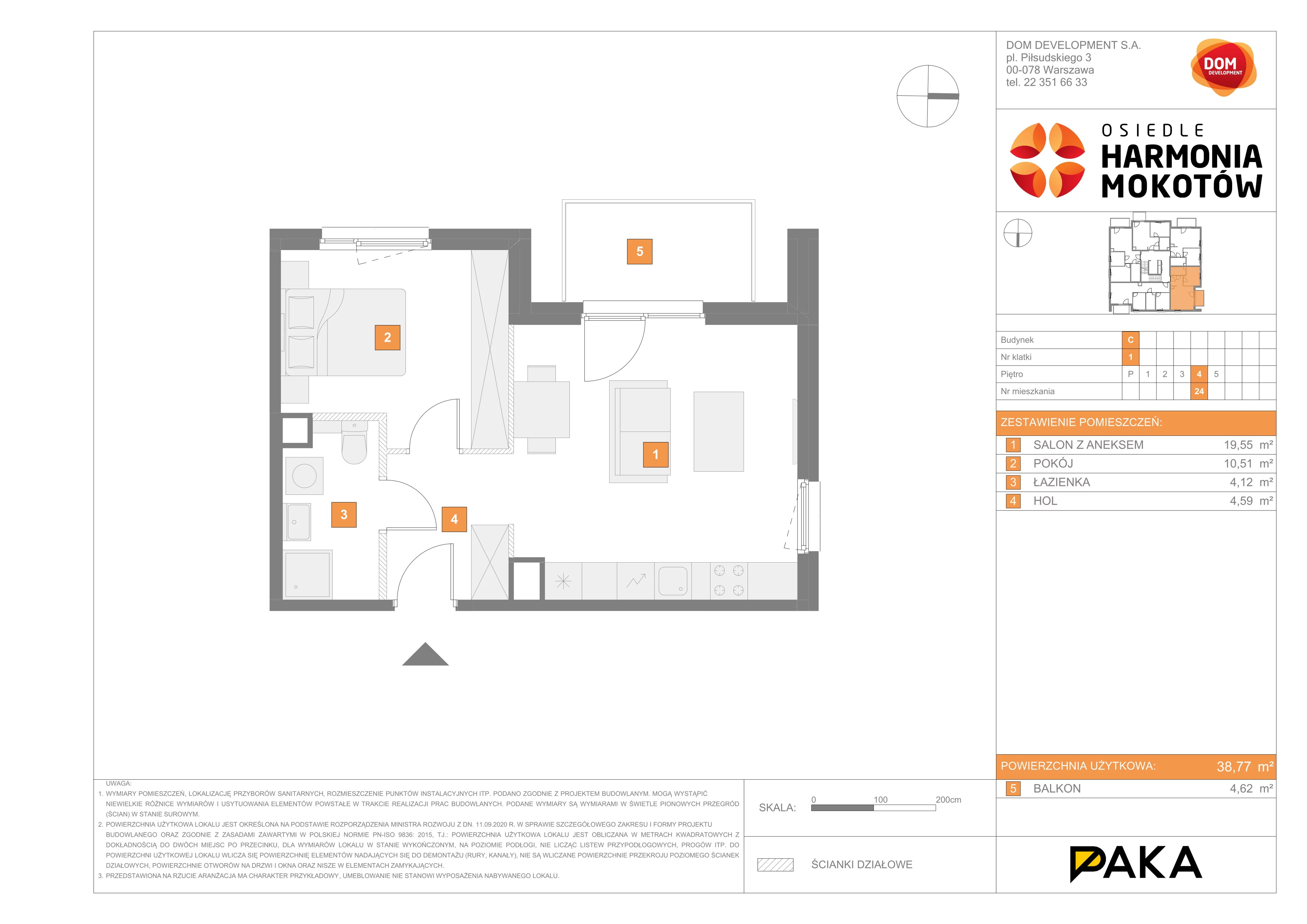 Mieszkanie 38,77 m², piętro 4, oferta nr C/24, Harmonia Mokotów, Warszawa, Mokotów, Siekierki, al. Polski Walczącej / Józefa Becka