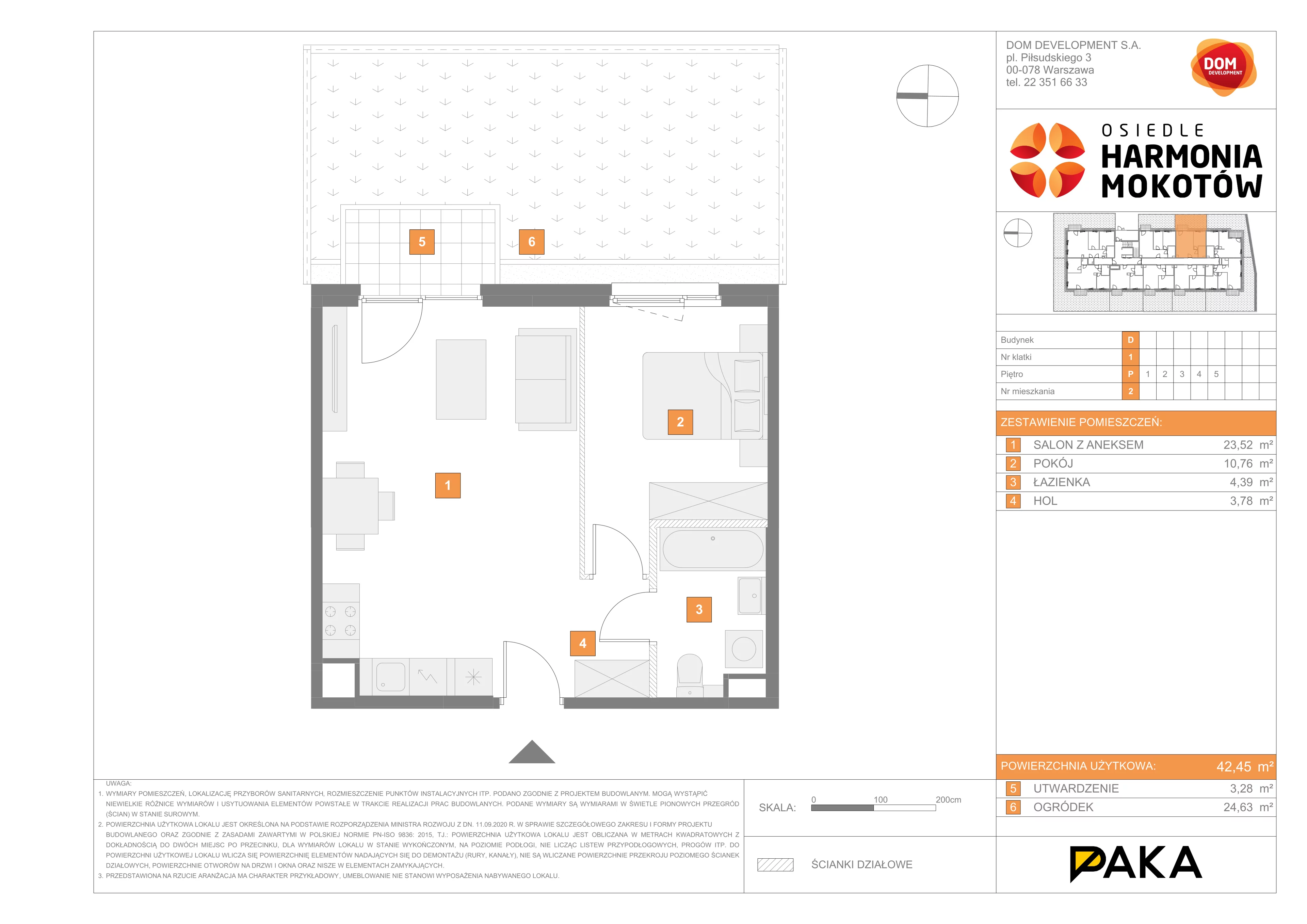 2 pokoje, mieszkanie 42,45 m², parter, oferta nr D/2, Harmonia Mokotów, Warszawa, Mokotów, Siekierki, al. Polski Walczącej / Józefa Becka