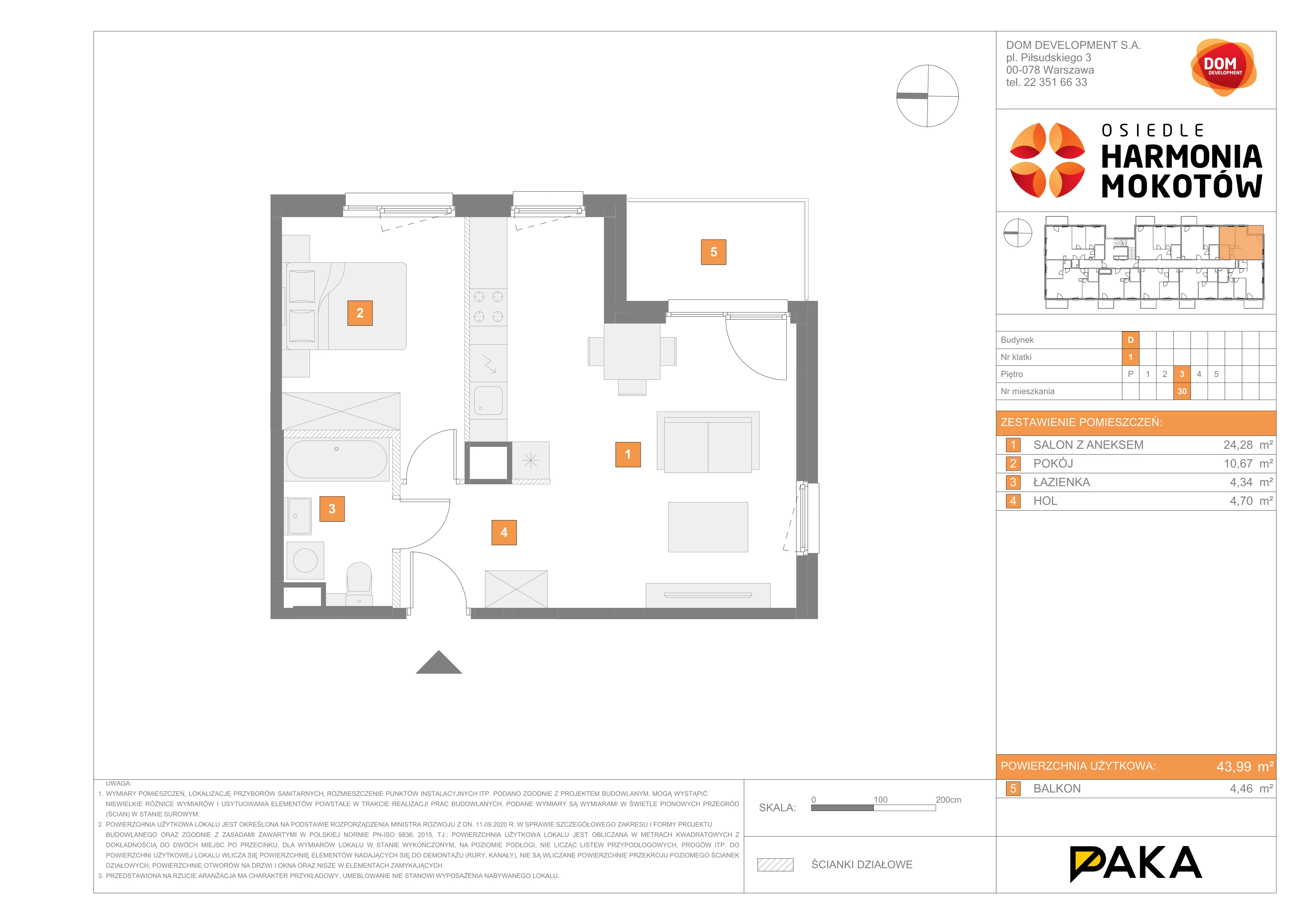 Mieszkanie 43,99 m², piętro 3, oferta nr D/30, Harmonia Mokotów, Warszawa, Mokotów, Siekierki, al. Polski Walczącej / Józefa Becka