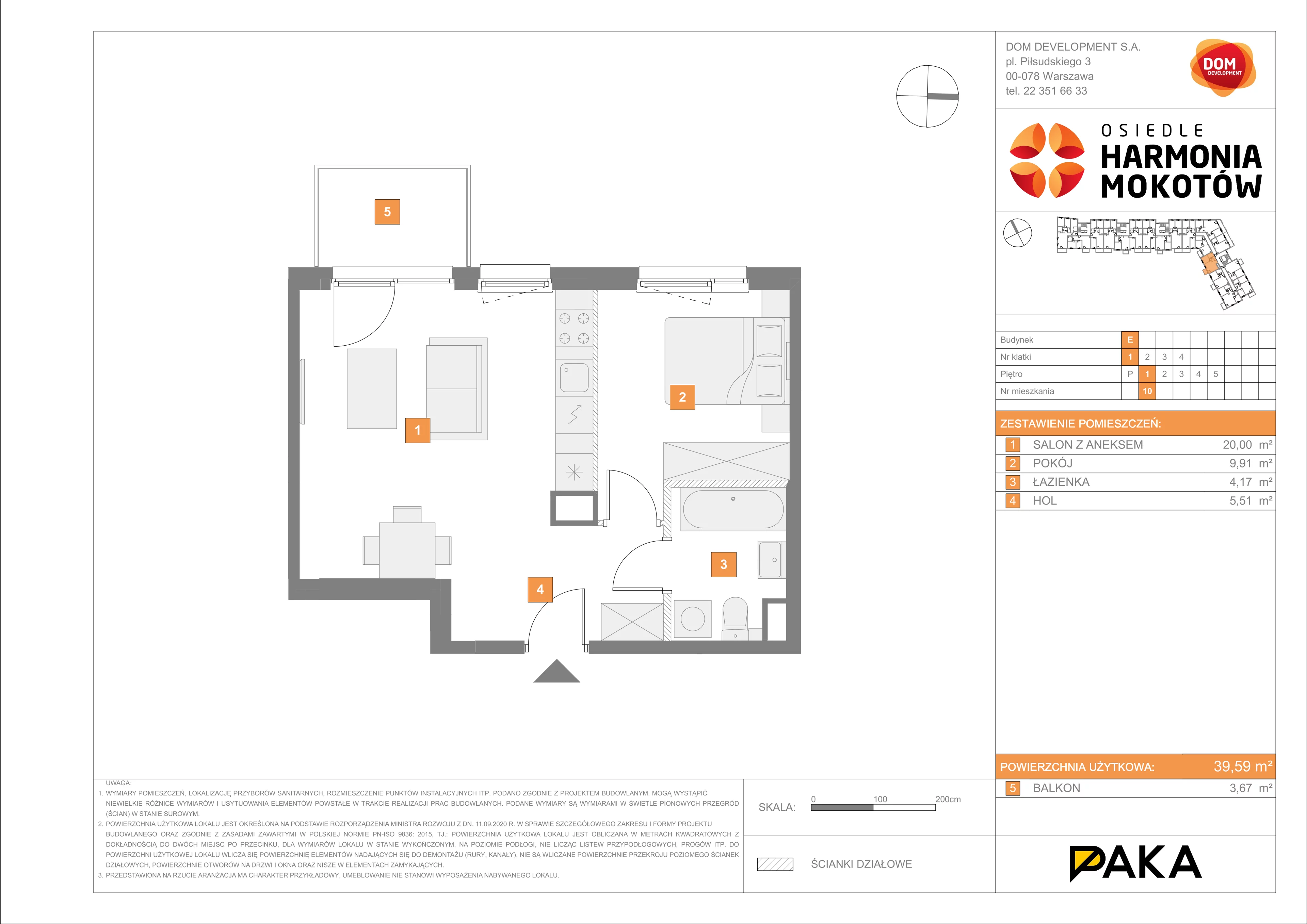 Mieszkanie 39,59 m², piętro 1, oferta nr E/10, Harmonia Mokotów, Warszawa, Mokotów, Siekierki, al. Polski Walczącej / Józefa Becka