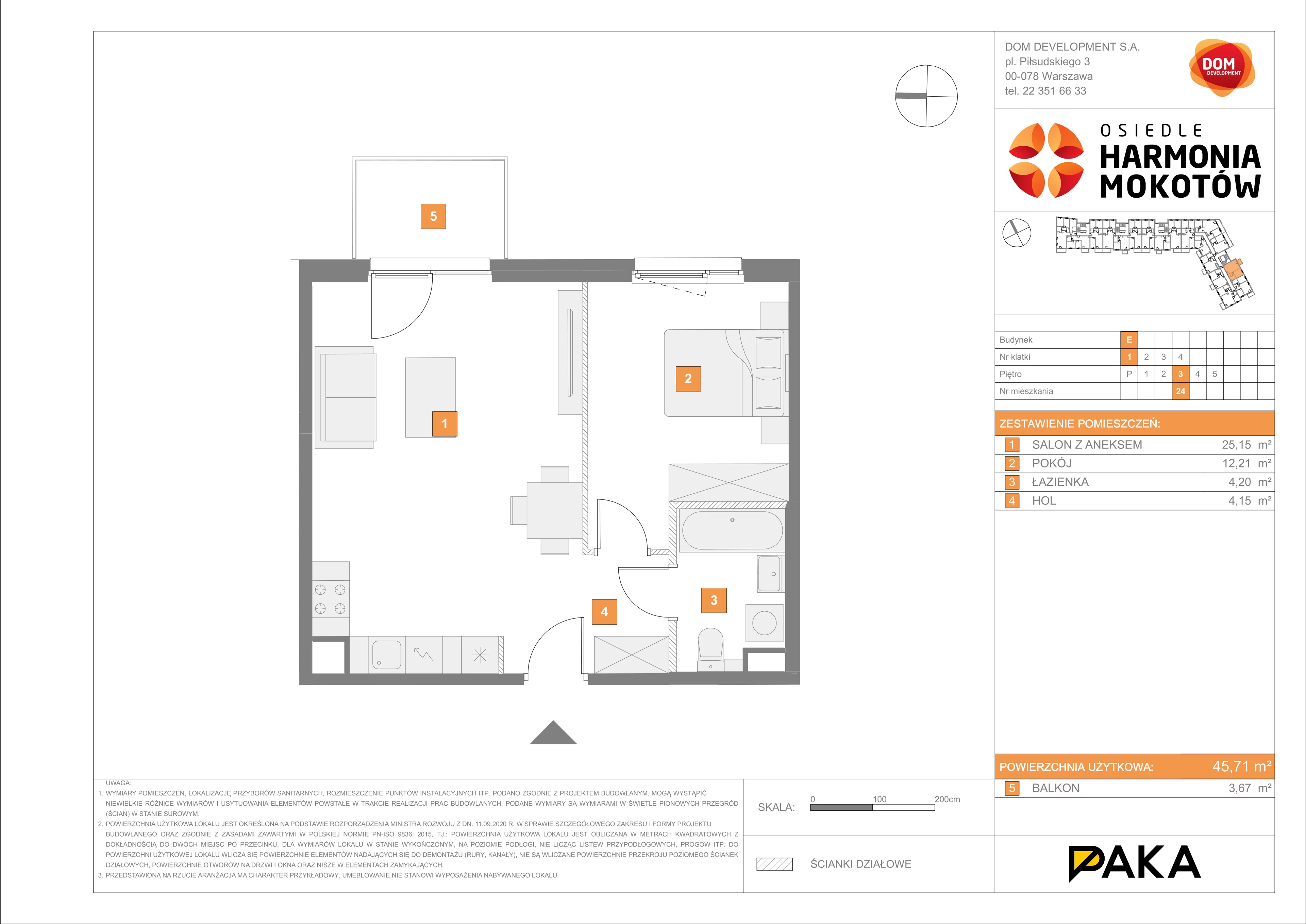 2 pokoje, mieszkanie 45,71 m², piętro 3, oferta nr E/24, Harmonia Mokotów, Warszawa, Mokotów, Siekierki, al. Polski Walczącej / Józefa Becka