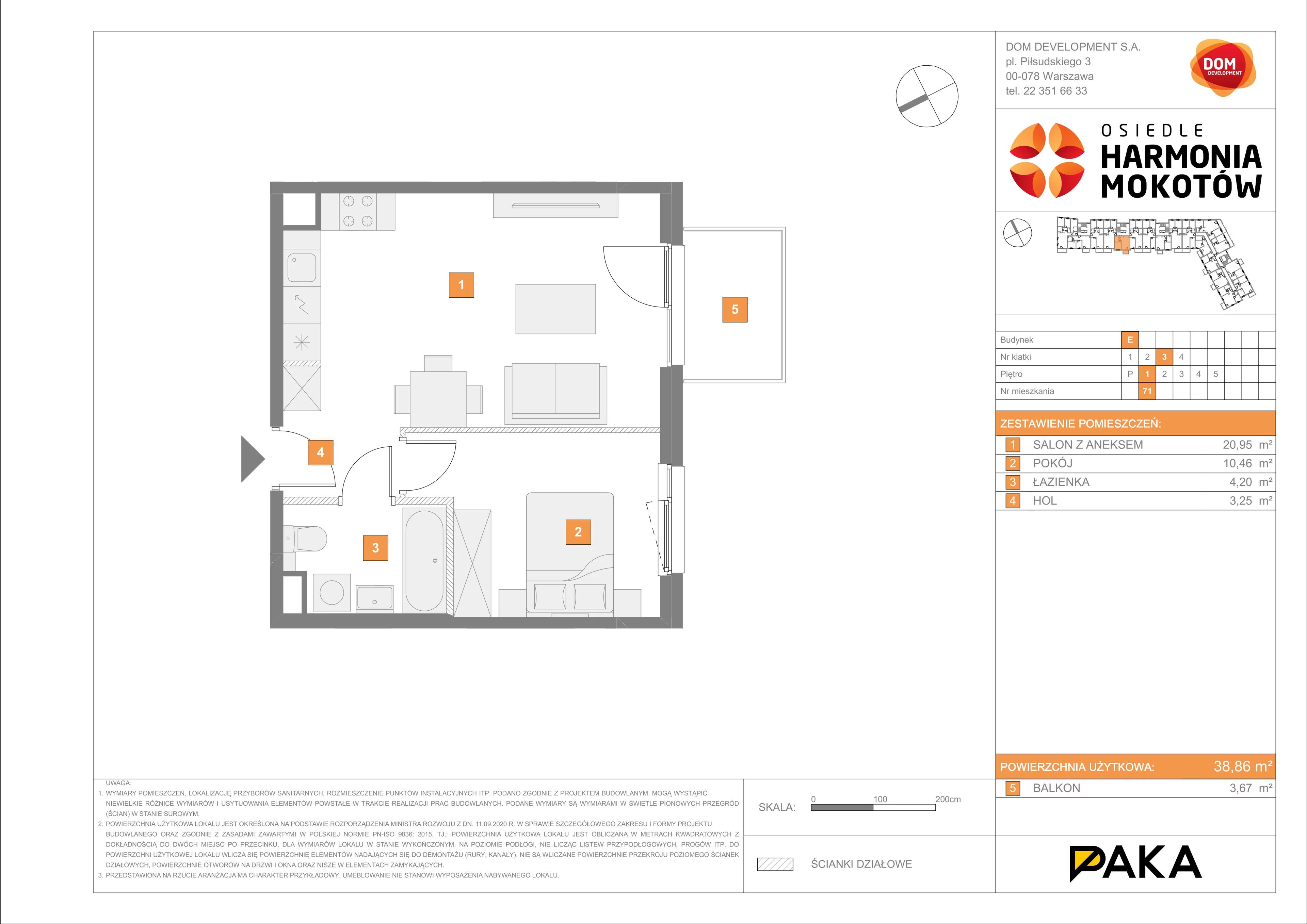 Mieszkanie 38,86 m², piętro 1, oferta nr E/71, Harmonia Mokotów, Warszawa, Mokotów, Siekierki, al. Polski Walczącej / Józefa Becka