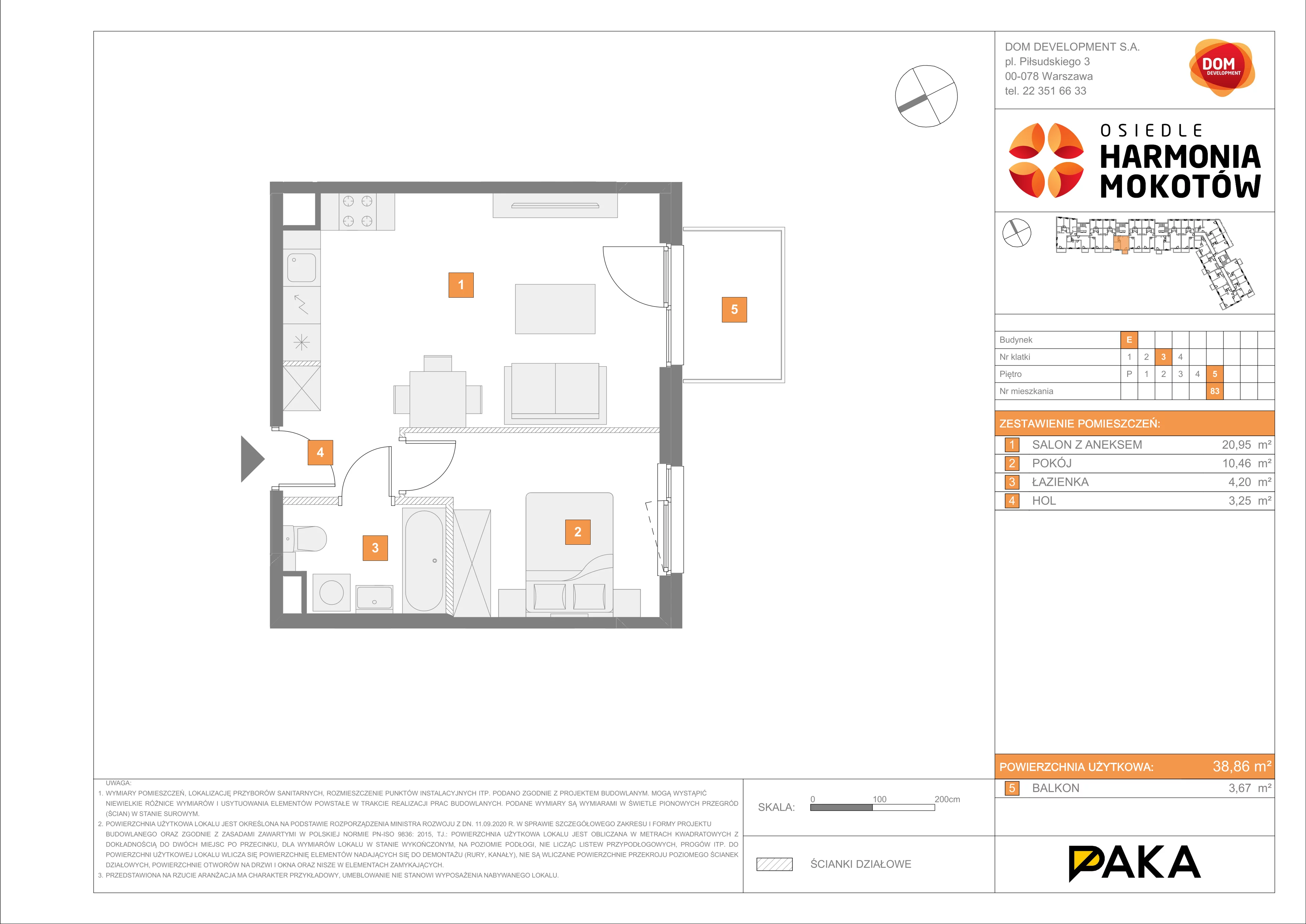 Mieszkanie 38,86 m², piętro 5, oferta nr E/83, Harmonia Mokotów, Warszawa, Mokotów, Siekierki, al. Polski Walczącej / Józefa Becka