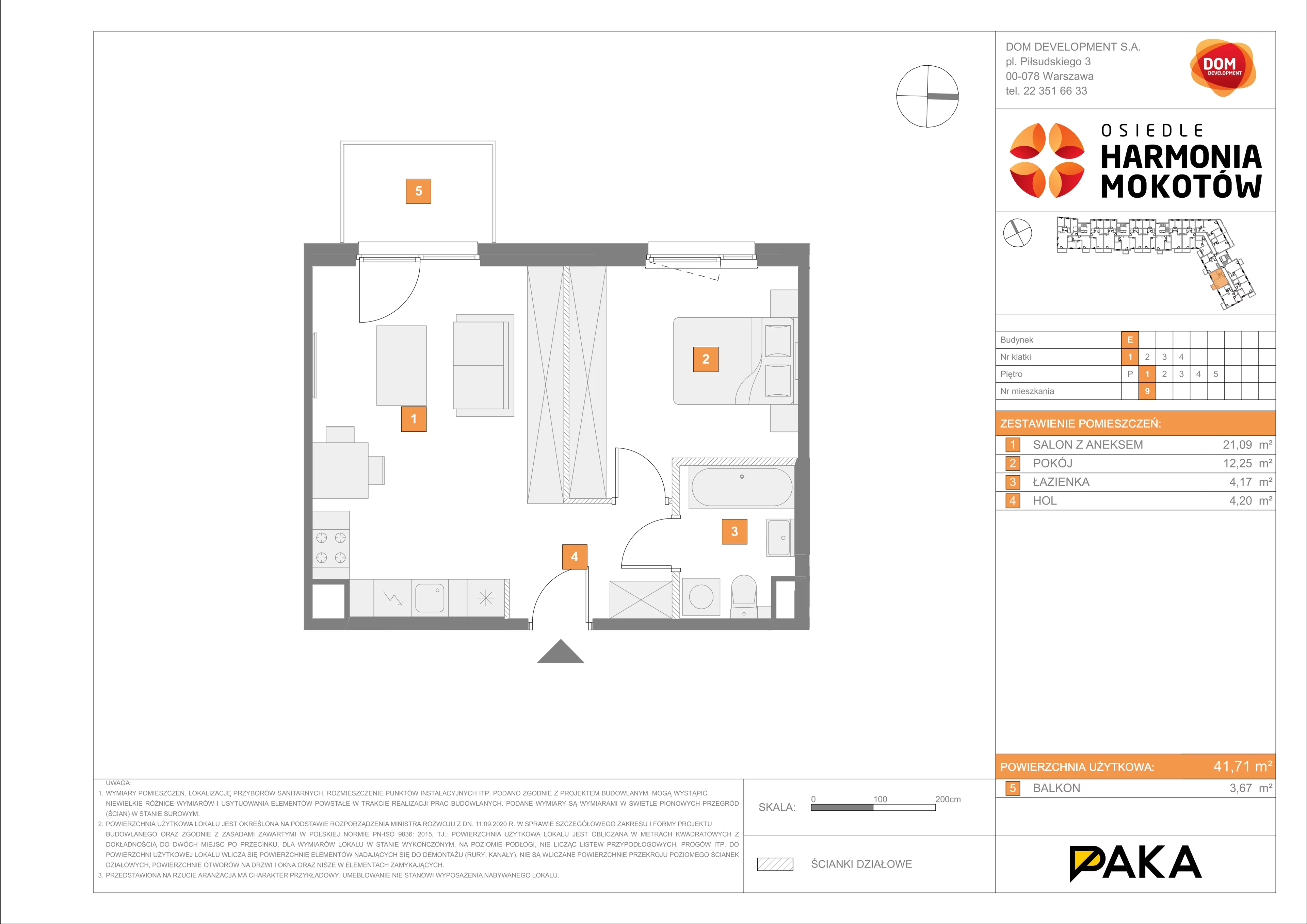 Mieszkanie 41,71 m², piętro 1, oferta nr E/9, Harmonia Mokotów, Warszawa, Mokotów, Siekierki, al. Polski Walczącej / Józefa Becka