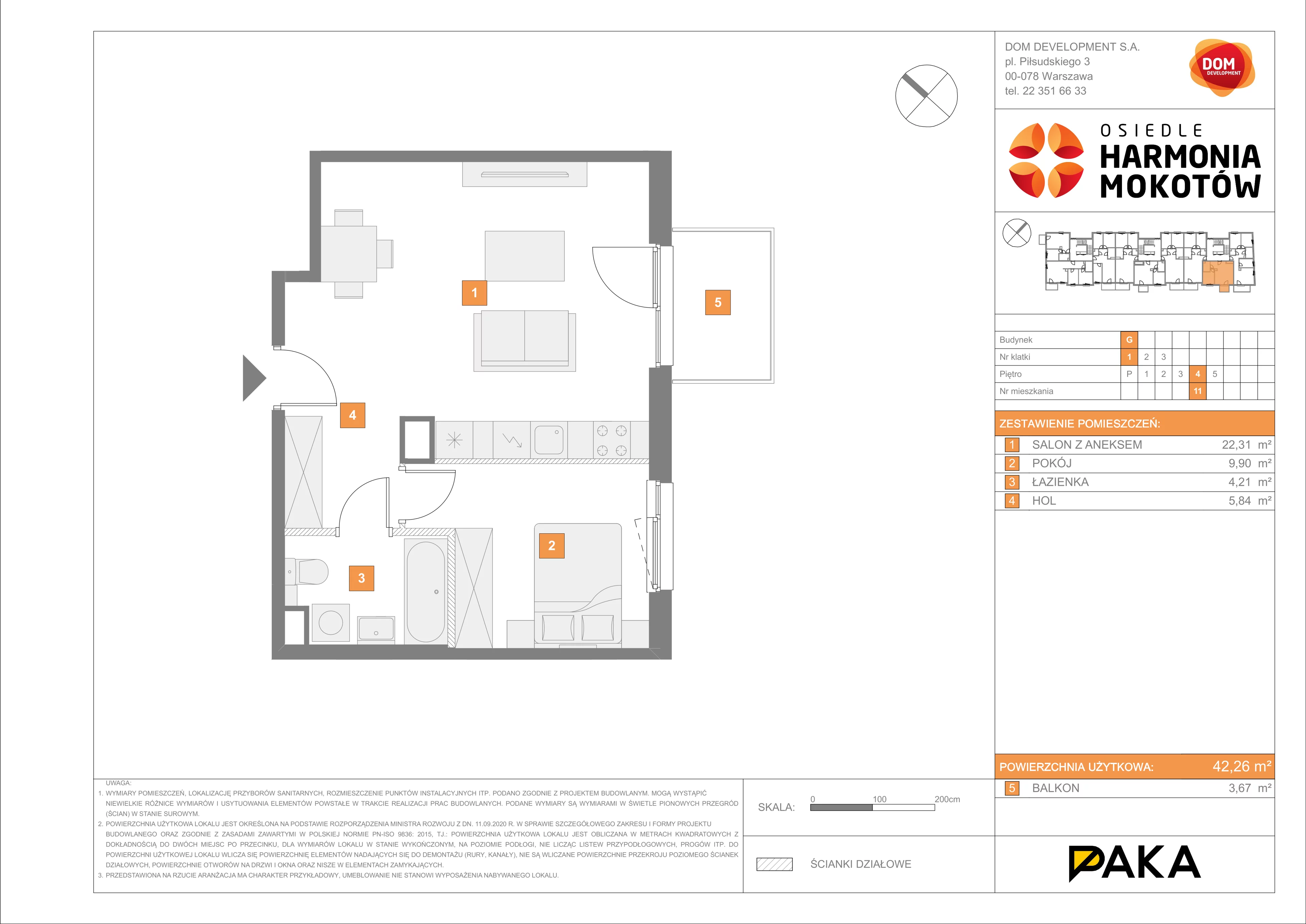 Mieszkanie 42,26 m², piętro 4, oferta nr G/11, Harmonia Mokotów, Warszawa, Mokotów, Siekierki, al. Polski Walczącej / Józefa Becka