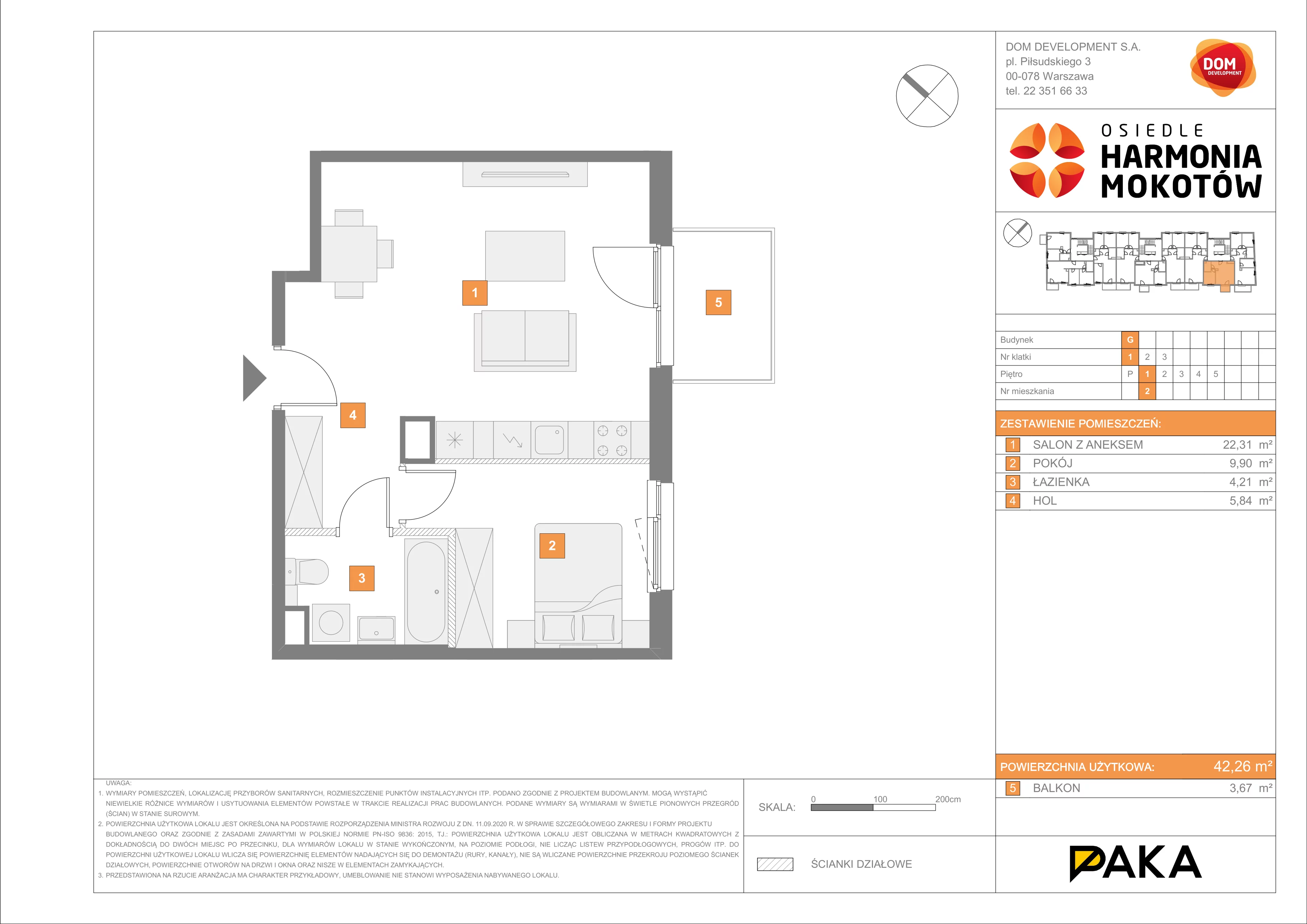 Mieszkanie 42,26 m², piętro 1, oferta nr G/2, Harmonia Mokotów, Warszawa, Mokotów, Siekierki, al. Polski Walczącej / Józefa Becka