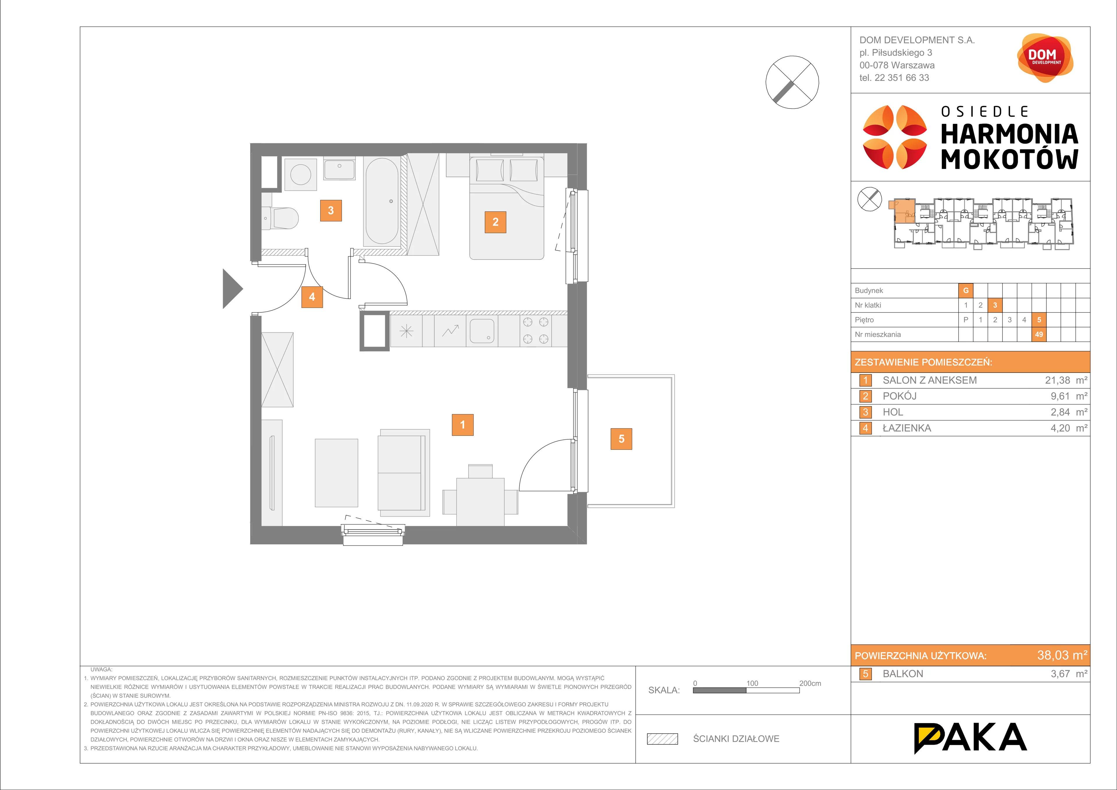 Mieszkanie 38,03 m², piętro 5, oferta nr G/49, Harmonia Mokotów, Warszawa, Mokotów, Siekierki, al. Polski Walczącej / Józefa Becka