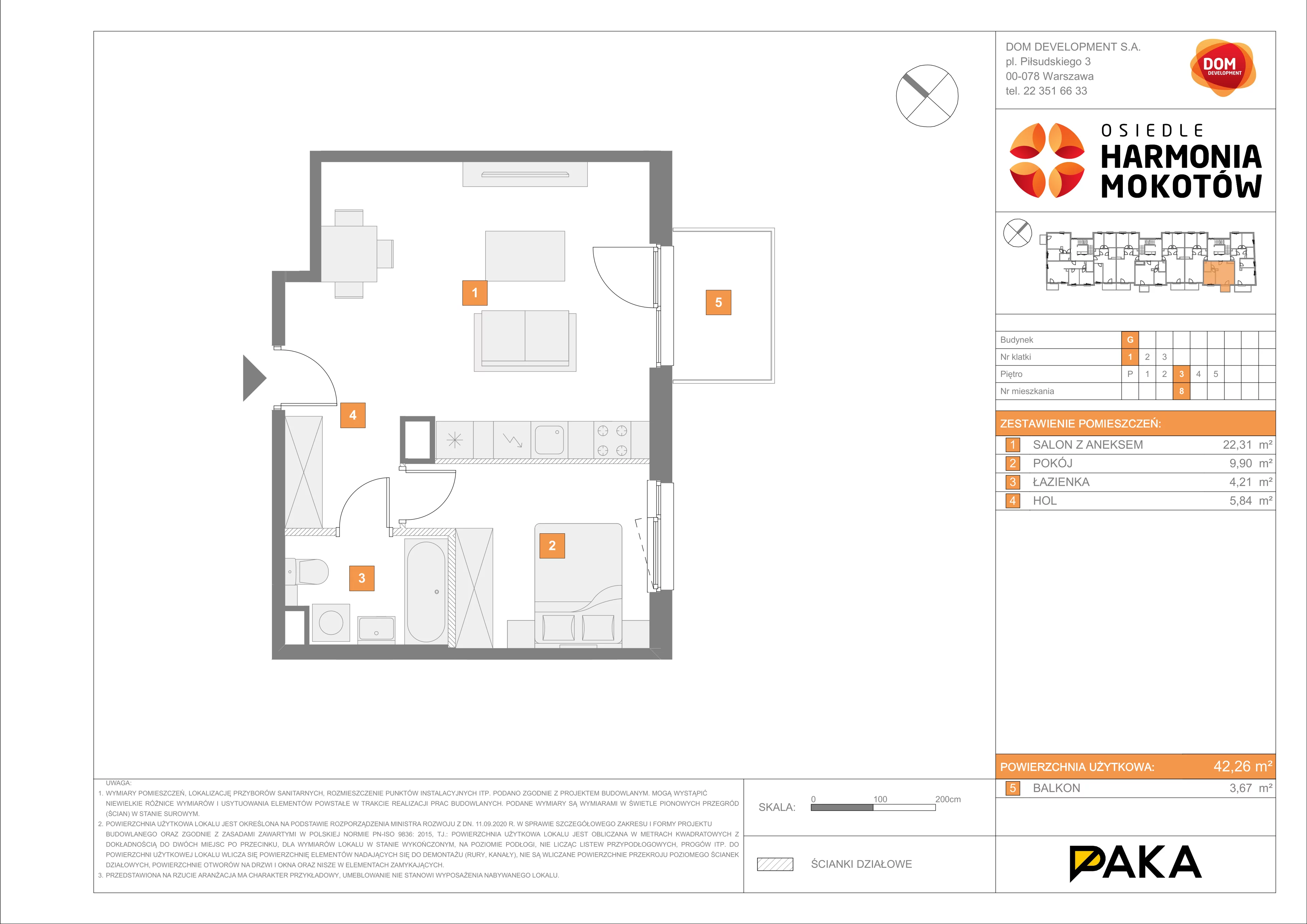 Mieszkanie 42,26 m², piętro 3, oferta nr G/8, Harmonia Mokotów, Warszawa, Mokotów, Siekierki, al. Polski Walczącej / Józefa Becka