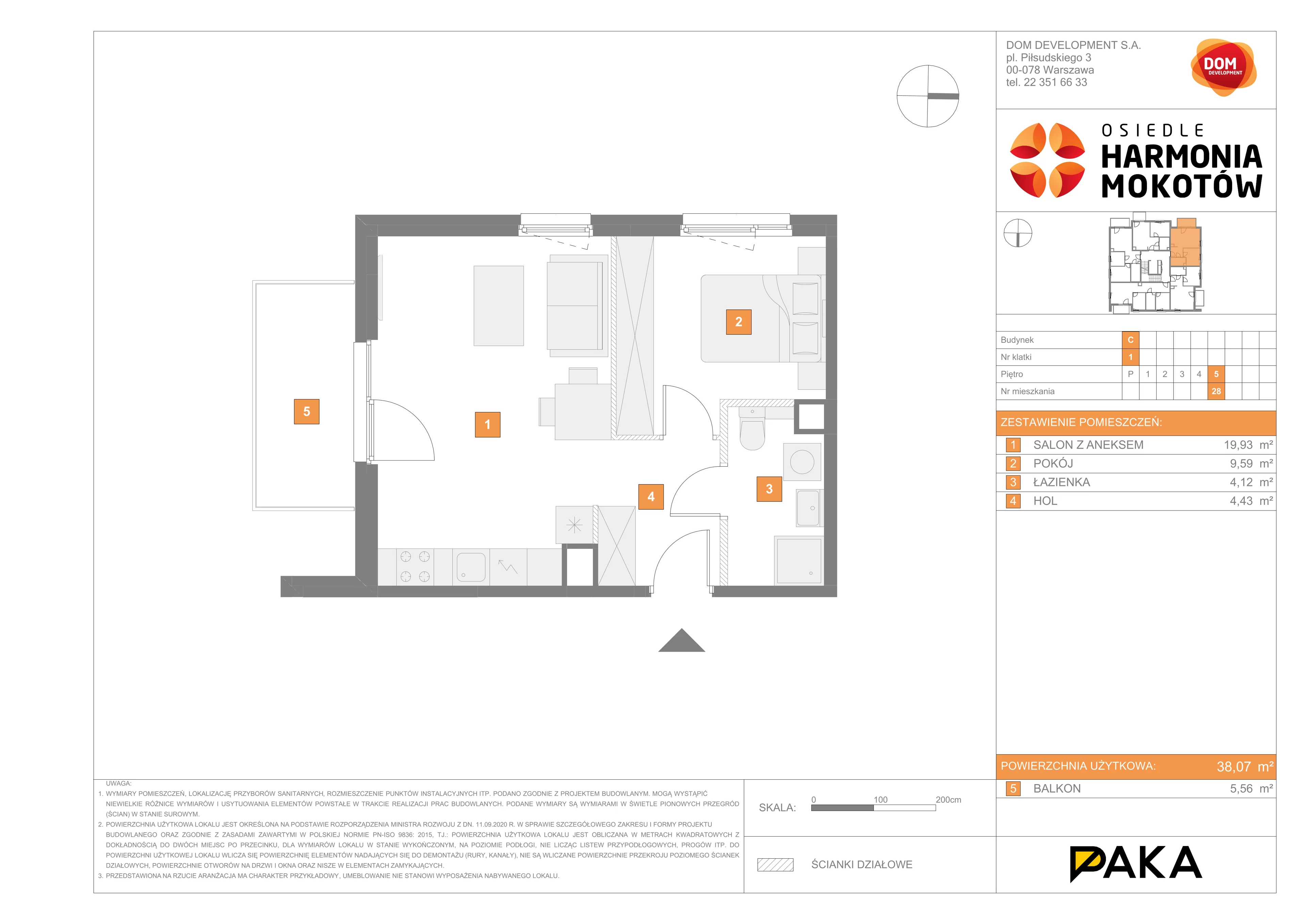 2 pokoje, mieszkanie 38,07 m², piętro 5, oferta nr C/28, Harmonia Mokotów, Warszawa, Mokotów, Siekierki, al. Polski Walczącej / Józefa Becka
