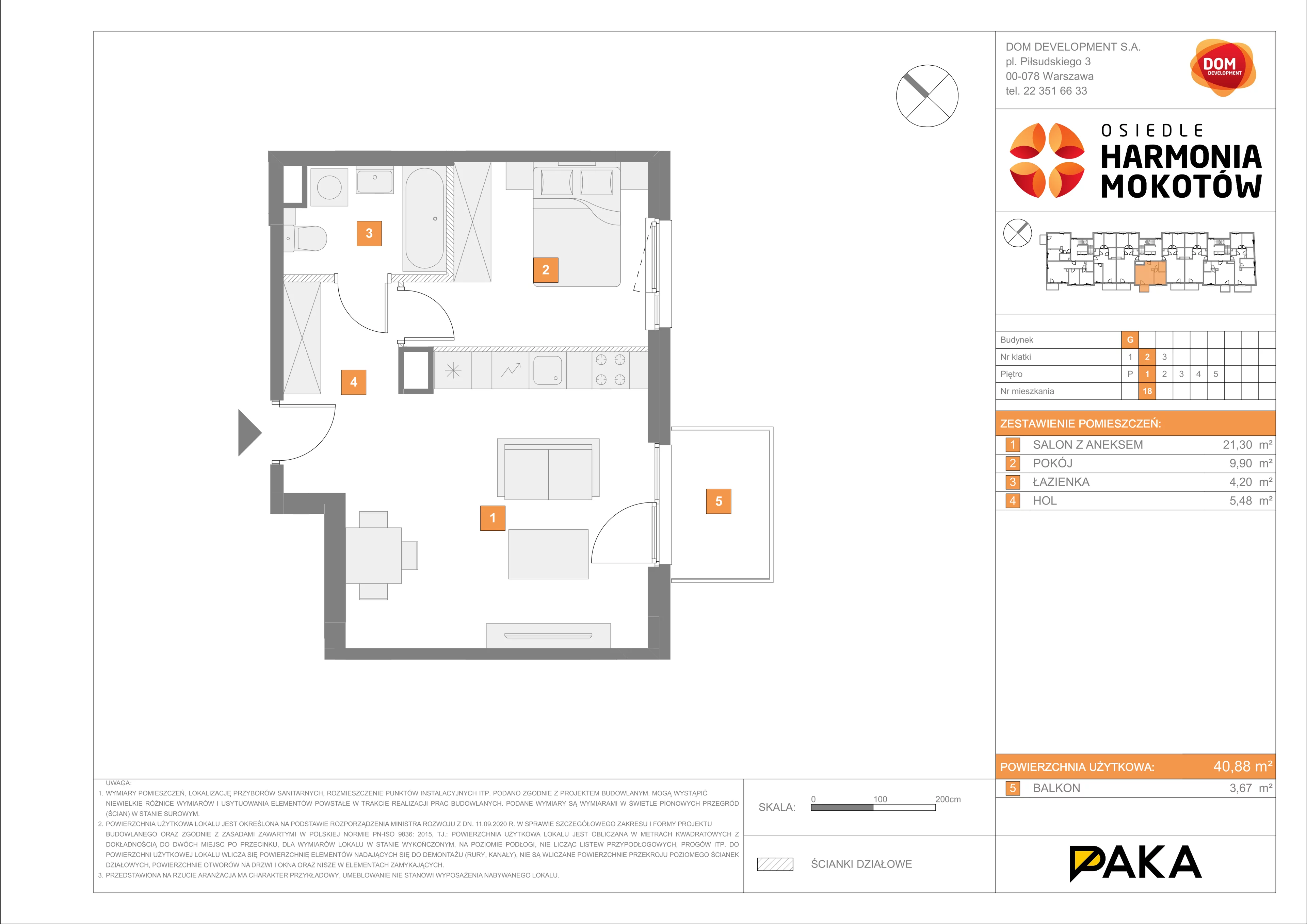 2 pokoje, mieszkanie 40,88 m², piętro 1, oferta nr G/18, Harmonia Mokotów, Warszawa, Mokotów, Siekierki, al. Polski Walczącej / Józefa Becka