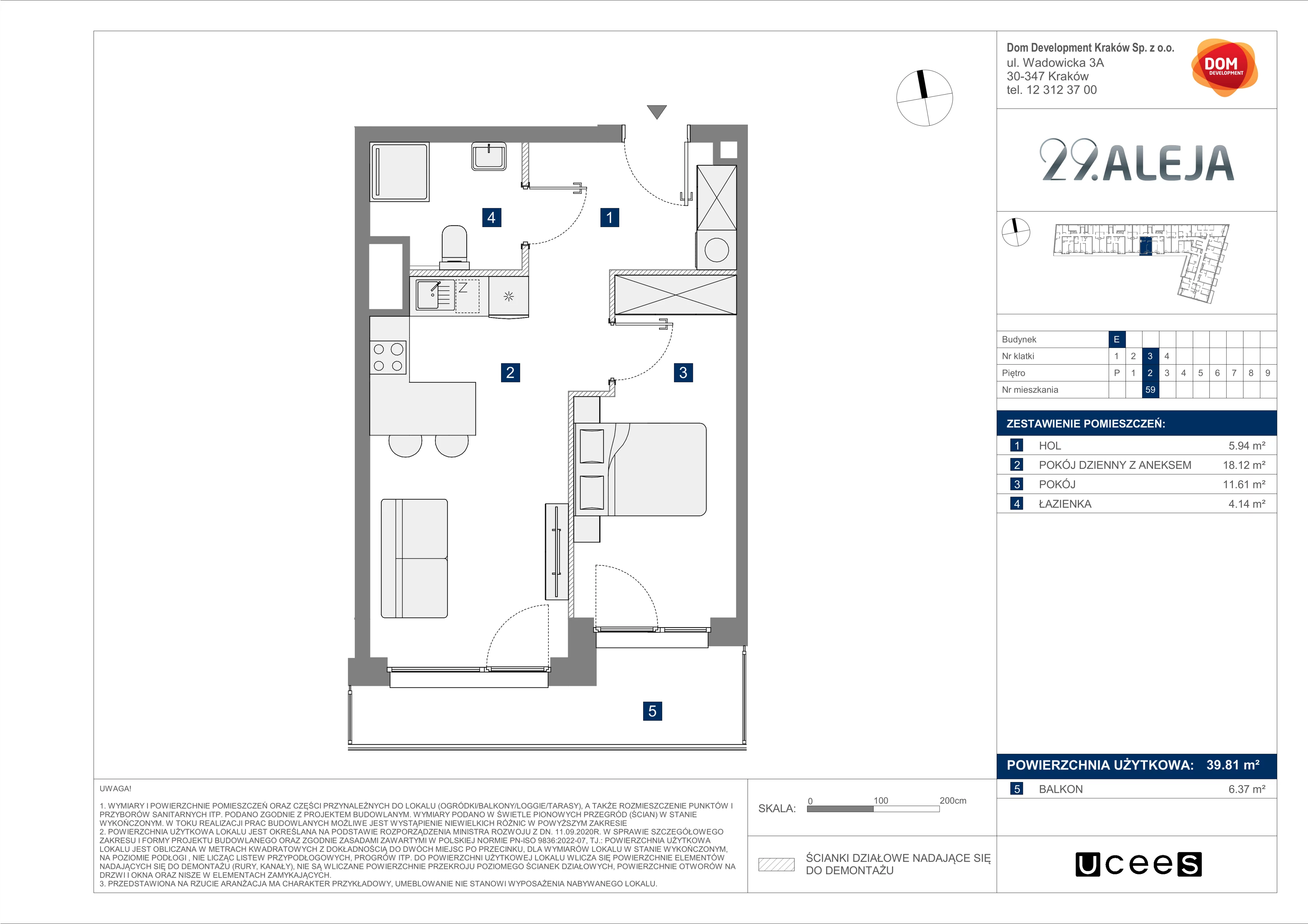 2 pokoje, mieszkanie 39,81 m², piętro 2, oferta nr E/59, 29. Aleja, Kraków, Stare Miasto, Warszawskie, ul. Prandoty 10c / al. 29 Listopada