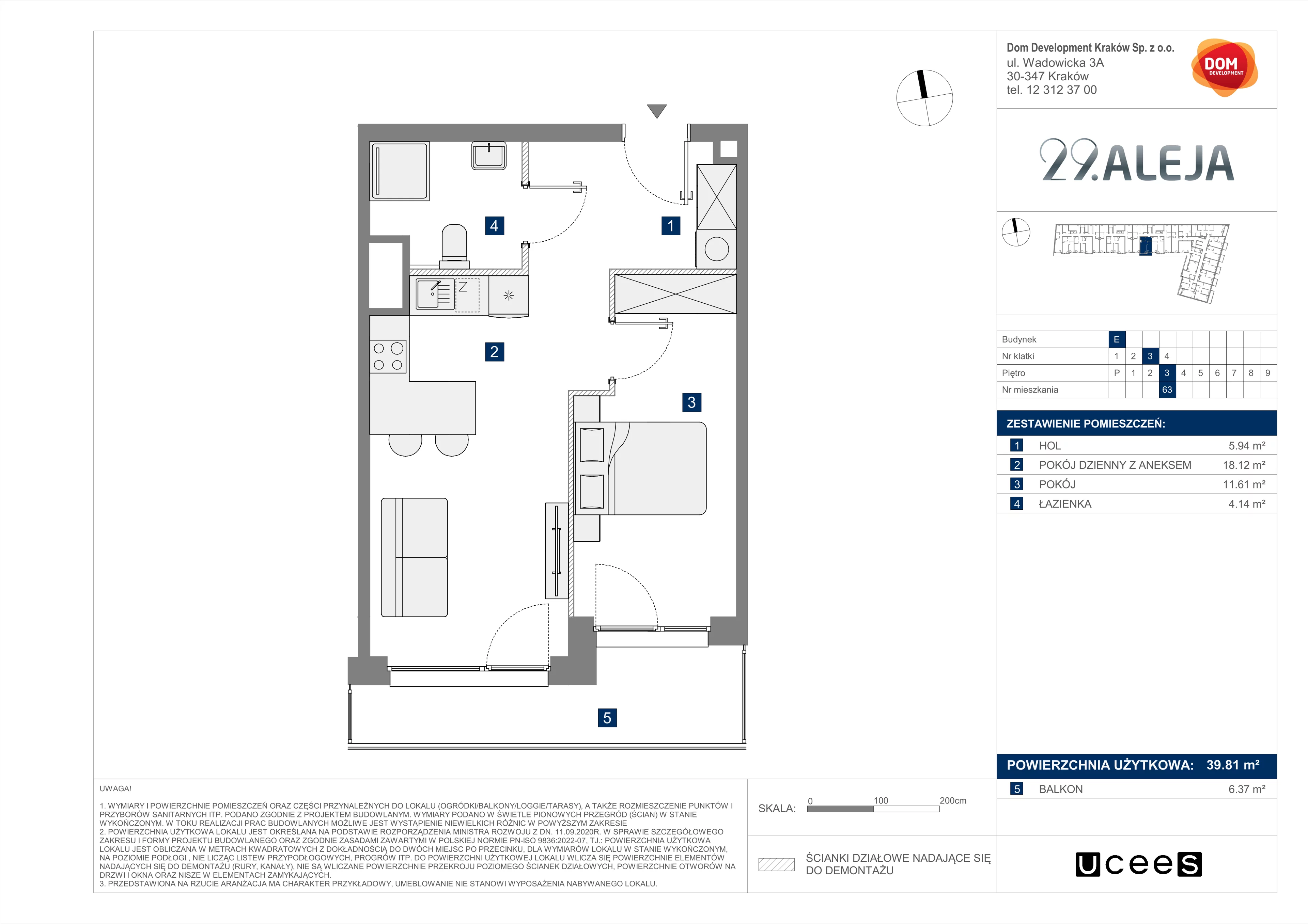 2 pokoje, mieszkanie 39,81 m², piętro 3, oferta nr E/63, 29. Aleja, Kraków, Stare Miasto, Warszawskie, ul. Prandoty 10c / al. 29 Listopada