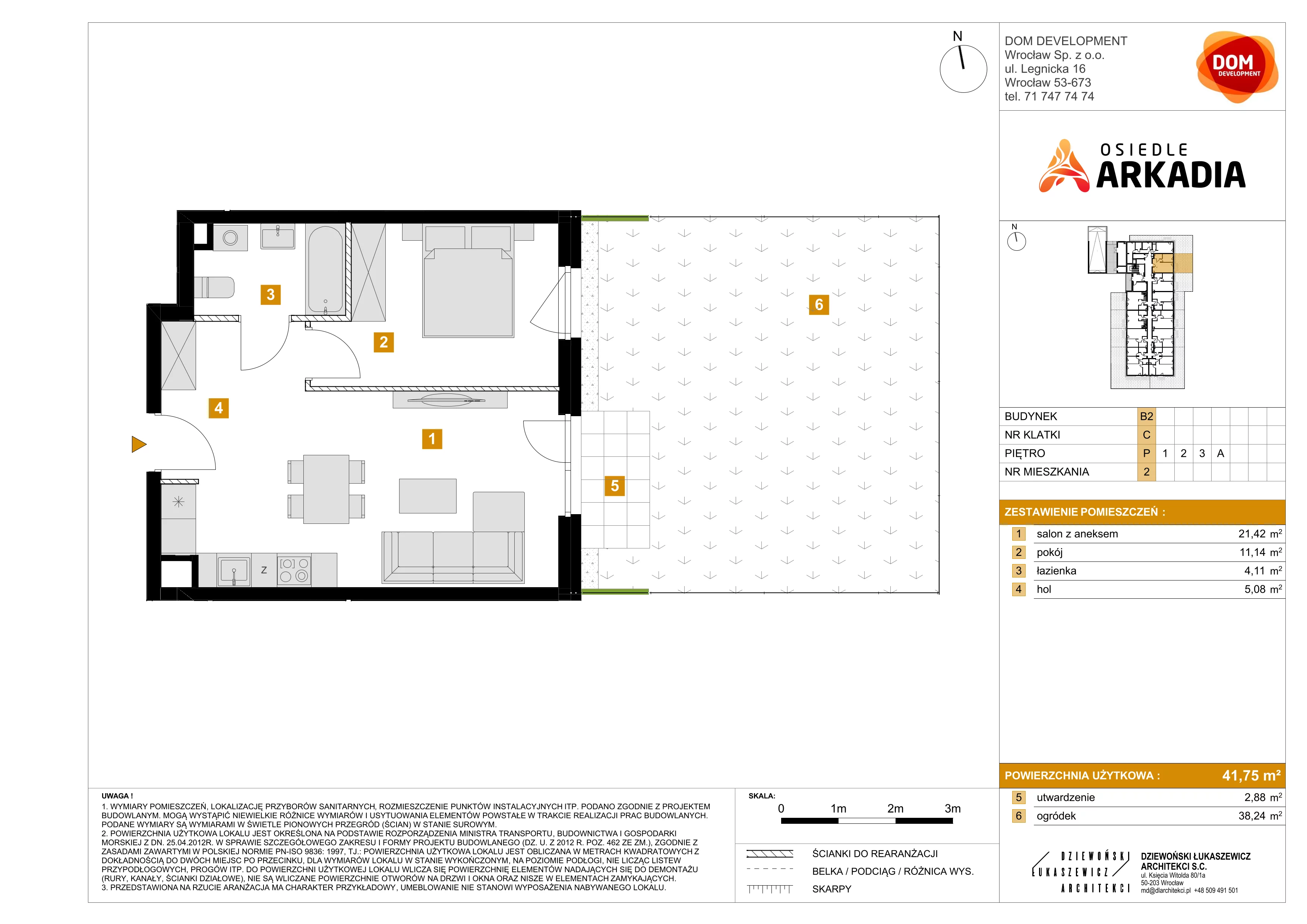 2 pokoje, mieszkanie 41,75 m², parter, oferta nr B2/2, Osiedle Arkadia, Wrocław, Polanowice-Poświętne-Ligota, Poświętne, ul. Ramiszowska 6