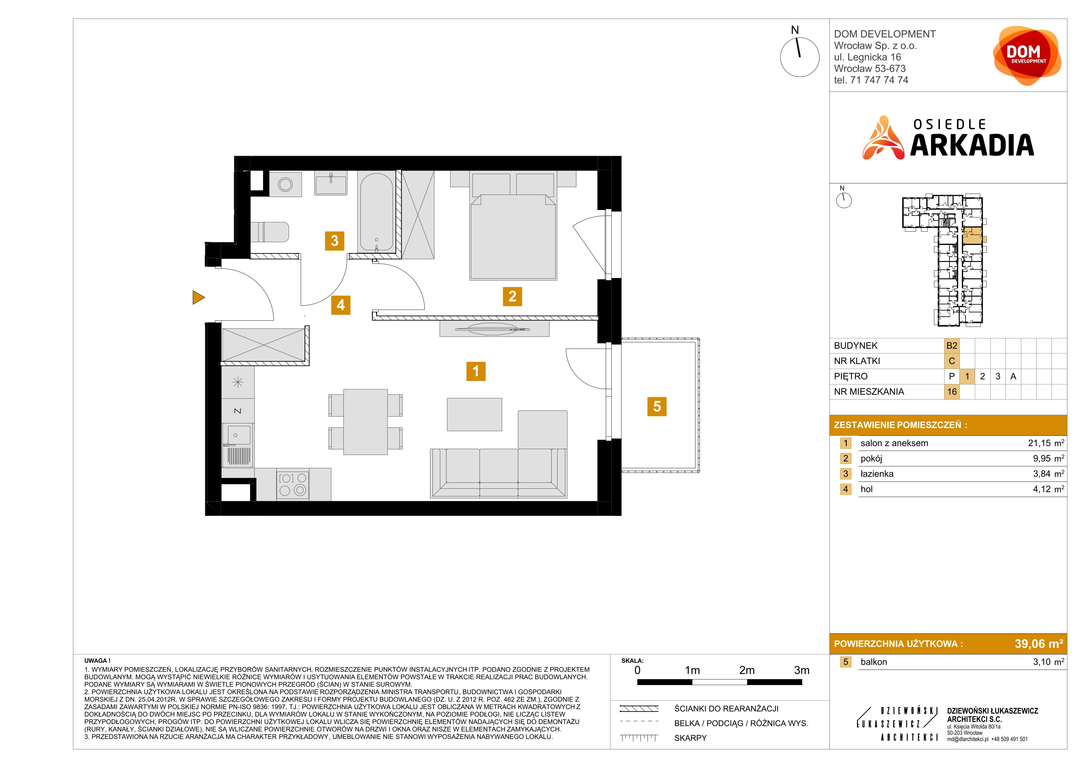 2 pokoje, mieszkanie 39,06 m², piętro 1, oferta nr B2/16, Osiedle Arkadia, Wrocław, Polanowice-Poświętne-Ligota, Poświętne, ul. Ramiszowska 6
