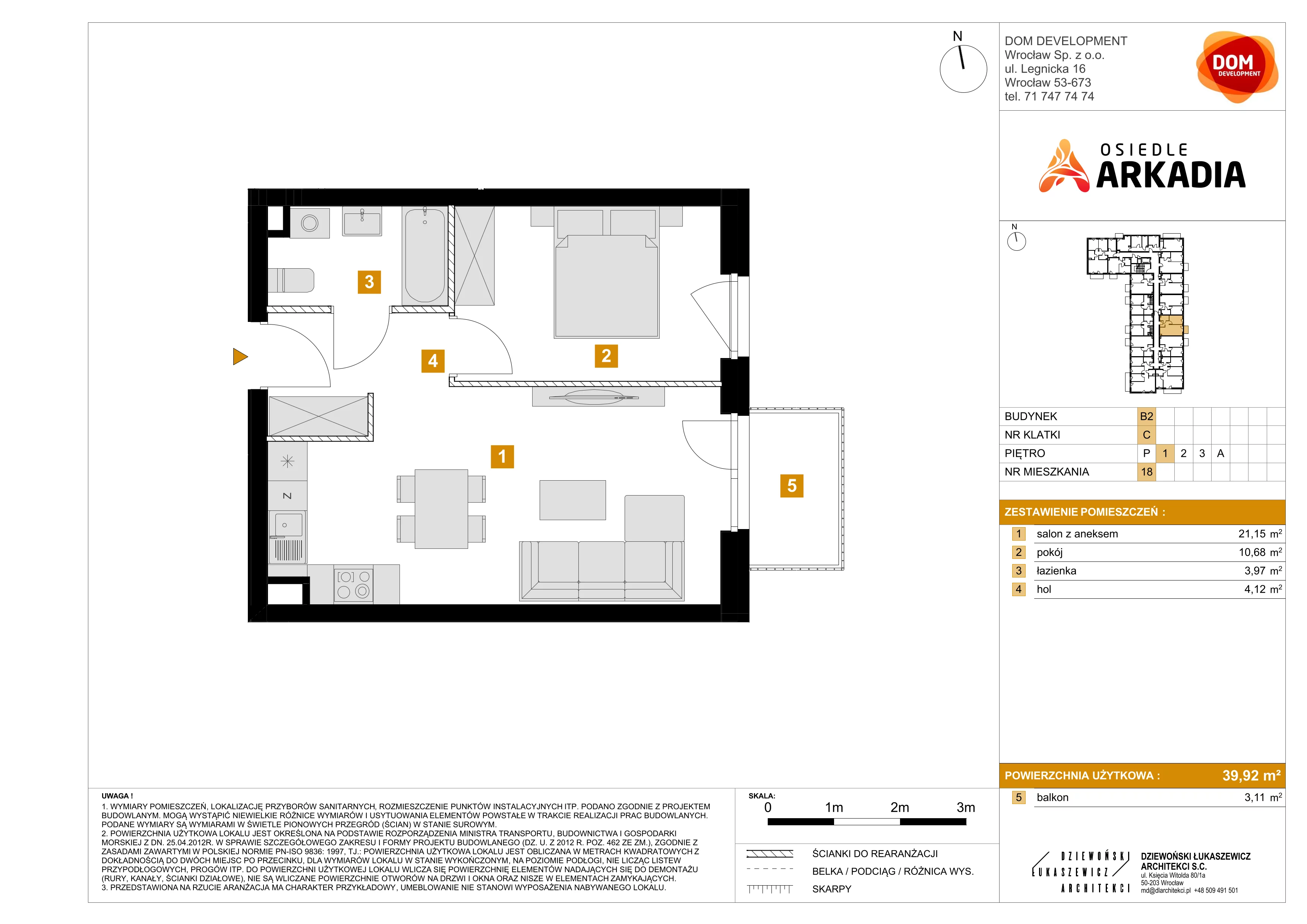 2 pokoje, mieszkanie 39,92 m², piętro 1, oferta nr B2/18, Osiedle Arkadia, Wrocław, Polanowice-Poświętne-Ligota, Poświętne, ul. Ramiszowska 6