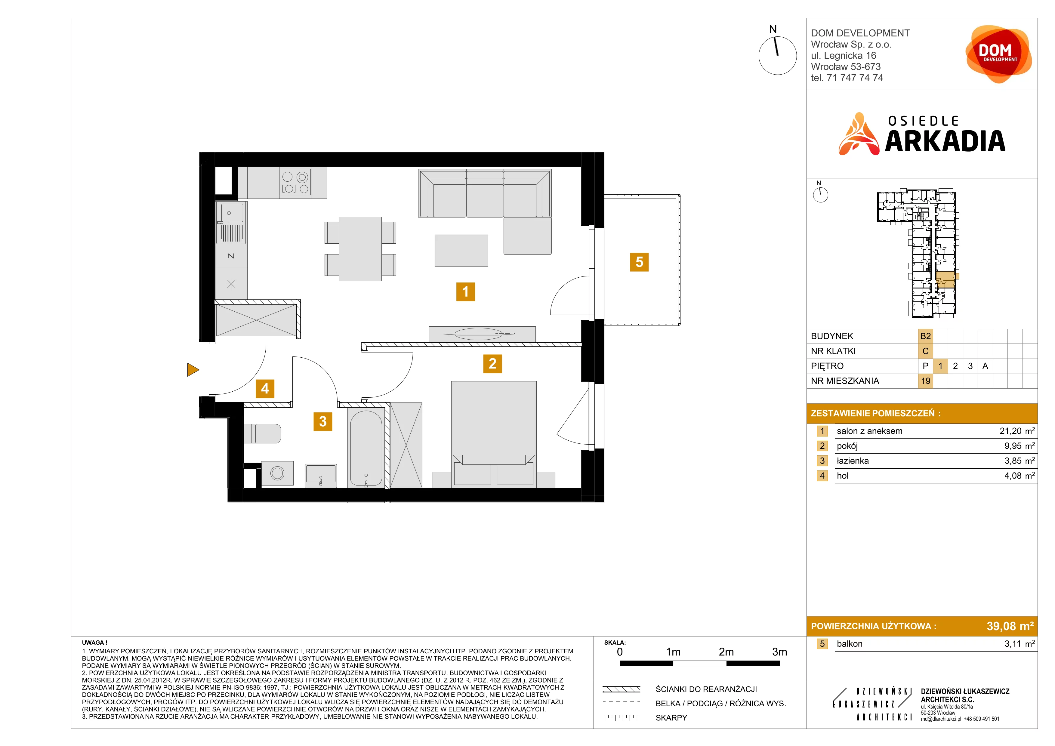 2 pokoje, mieszkanie 39,08 m², piętro 1, oferta nr B2/19, Osiedle Arkadia, Wrocław, Polanowice-Poświętne-Ligota, Poświętne, ul. Ramiszowska 6
