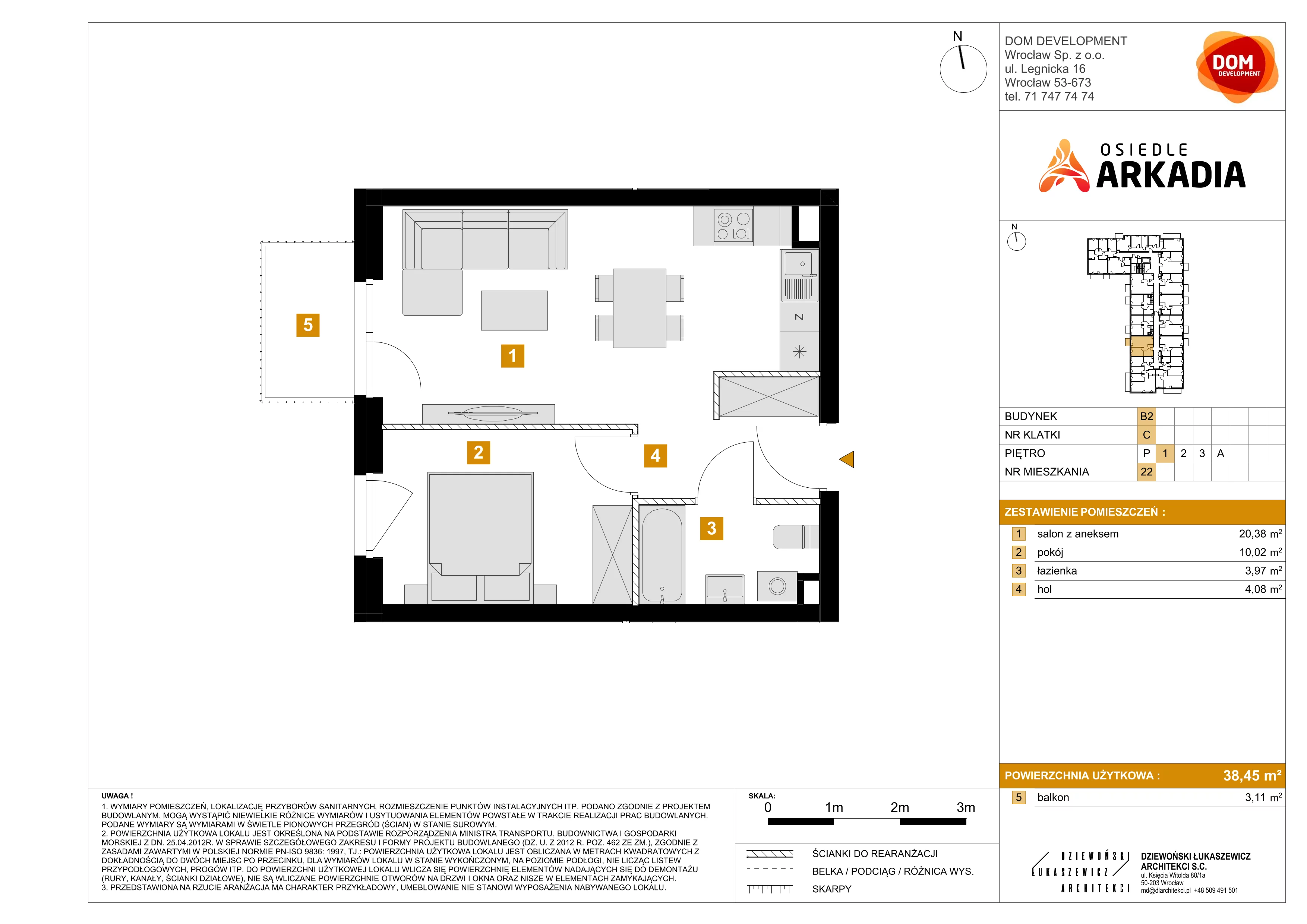2 pokoje, mieszkanie 38,45 m², piętro 1, oferta nr B2/22, Osiedle Arkadia, Wrocław, Polanowice-Poświętne-Ligota, Poświętne, ul. Ramiszowska 6