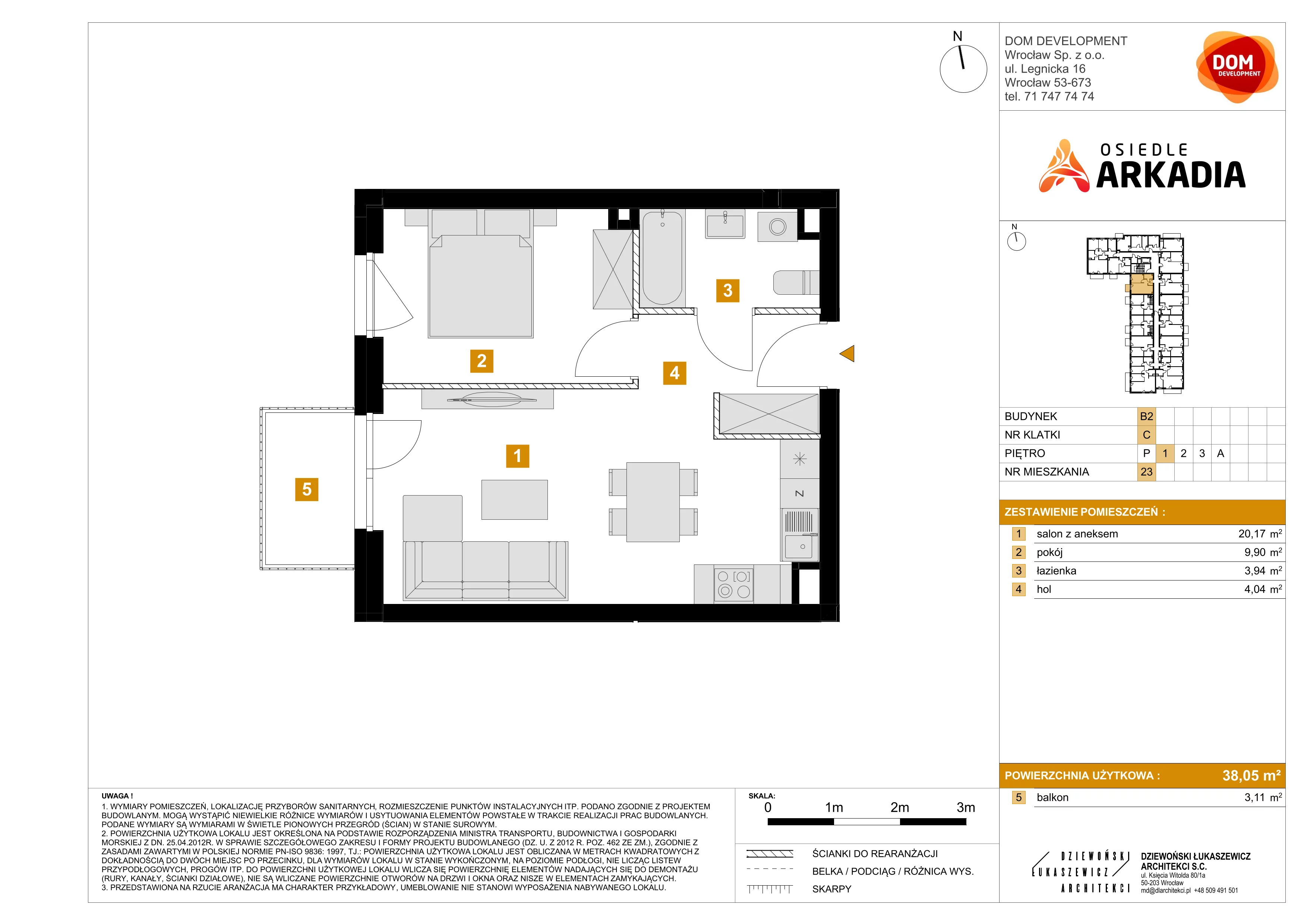 2 pokoje, mieszkanie 38,05 m², piętro 1, oferta nr B2/23, Osiedle Arkadia, Wrocław, Polanowice-Poświętne-Ligota, Poświętne, ul. Ramiszowska 6