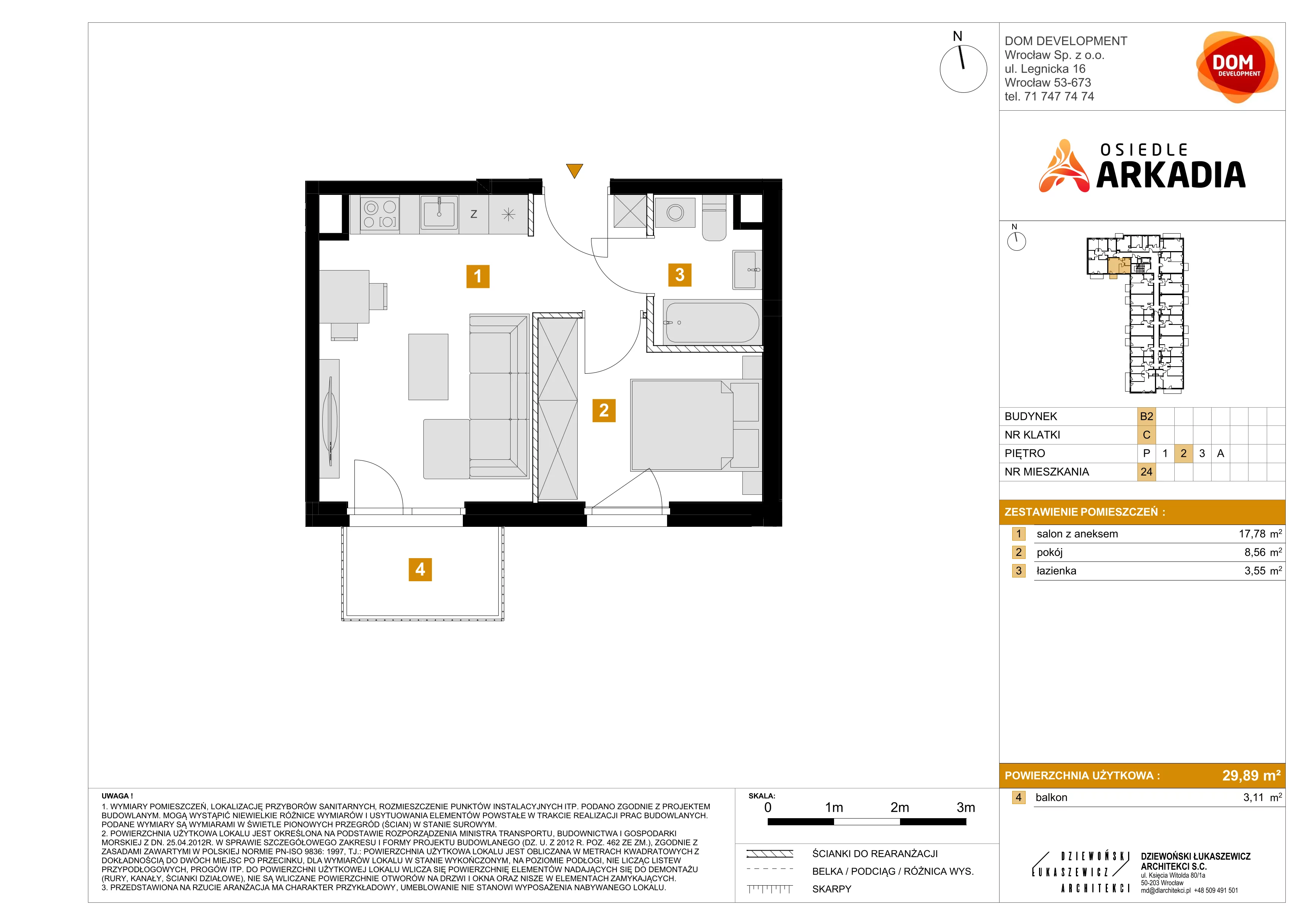 2 pokoje, mieszkanie 29,89 m², piętro 2, oferta nr B2/24, Osiedle Arkadia, Wrocław, Polanowice-Poświętne-Ligota, Poświętne, ul. Ramiszowska 6