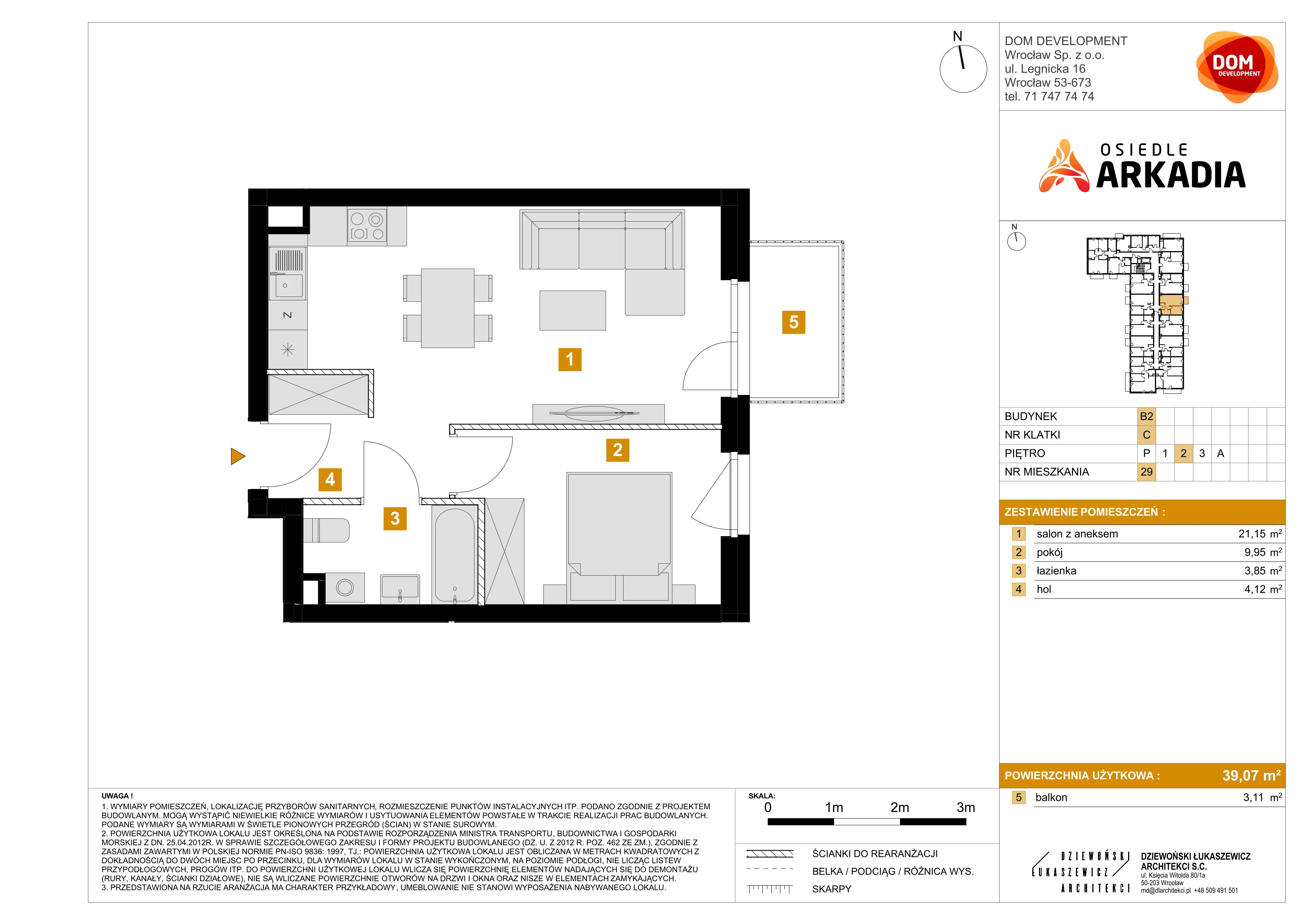 2 pokoje, mieszkanie 39,07 m², piętro 2, oferta nr B2/29, Osiedle Arkadia, Wrocław, Polanowice-Poświętne-Ligota, Poświętne, ul. Ramiszowska 6