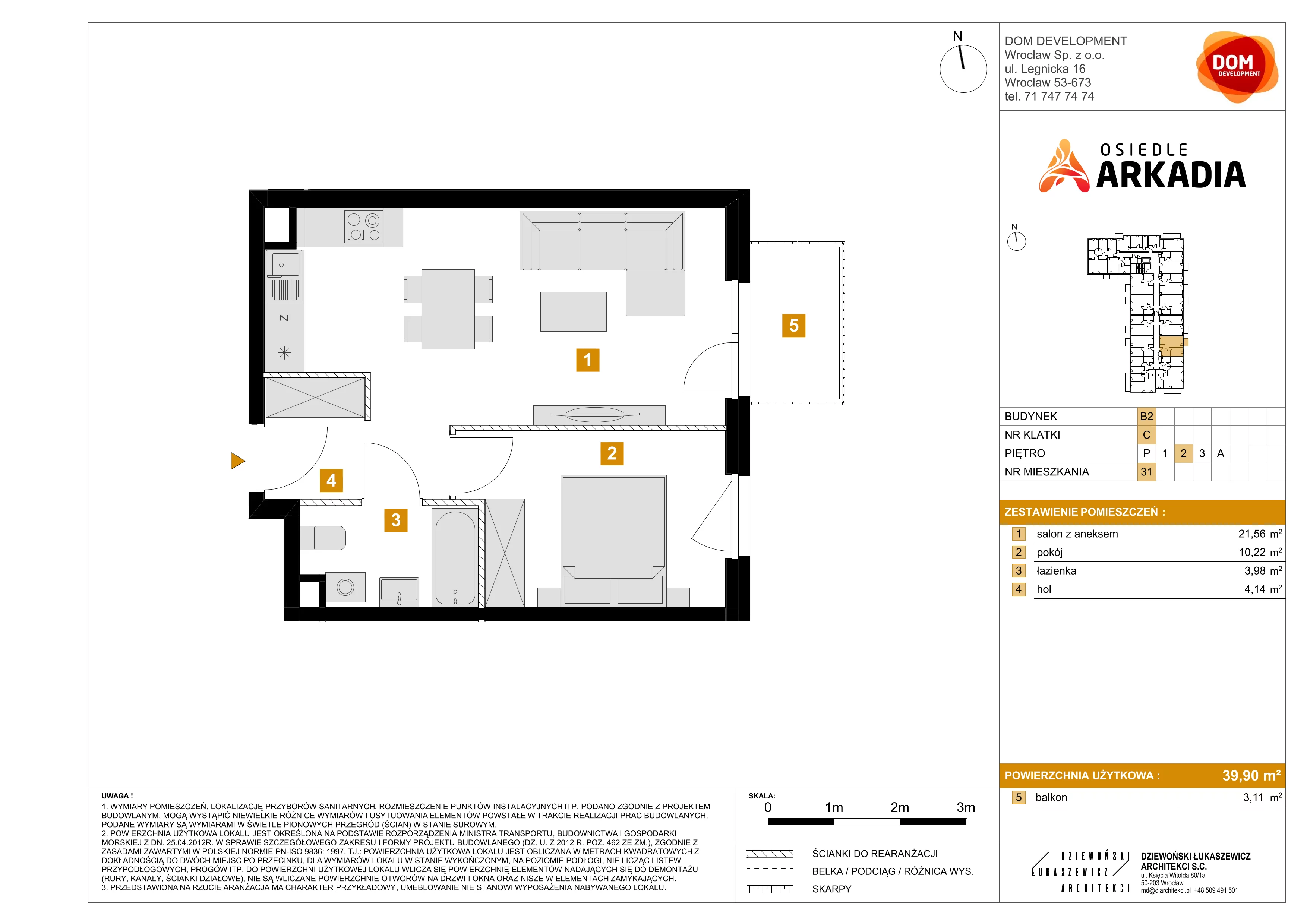 2 pokoje, mieszkanie 39,90 m², piętro 2, oferta nr B2/31, Osiedle Arkadia, Wrocław, Polanowice-Poświętne-Ligota, Poświętne, ul. Ramiszowska 6