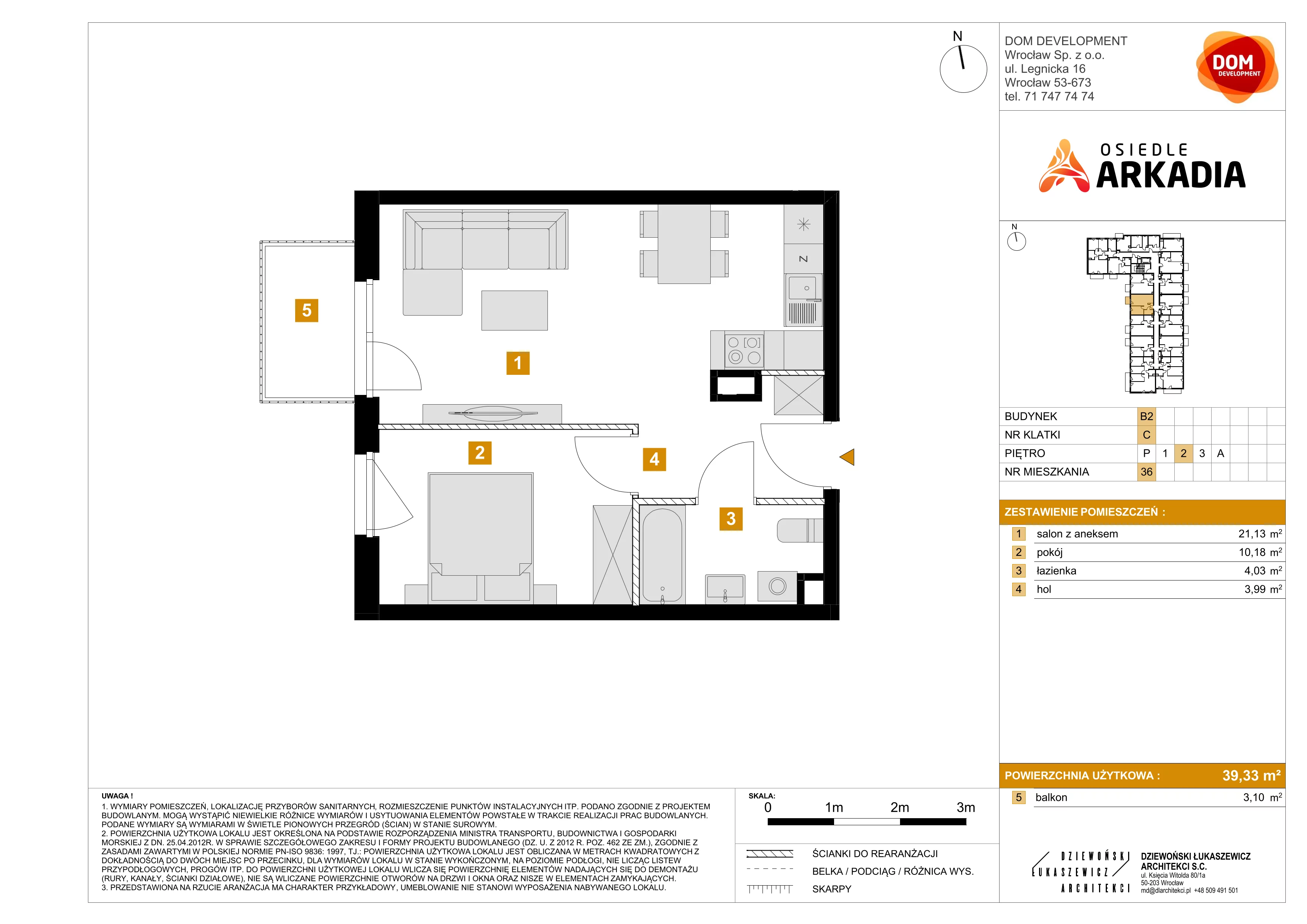 2 pokoje, mieszkanie 39,33 m², piętro 2, oferta nr B2/36, Osiedle Arkadia, Wrocław, Polanowice-Poświętne-Ligota, Poświętne, ul. Ramiszowska 6