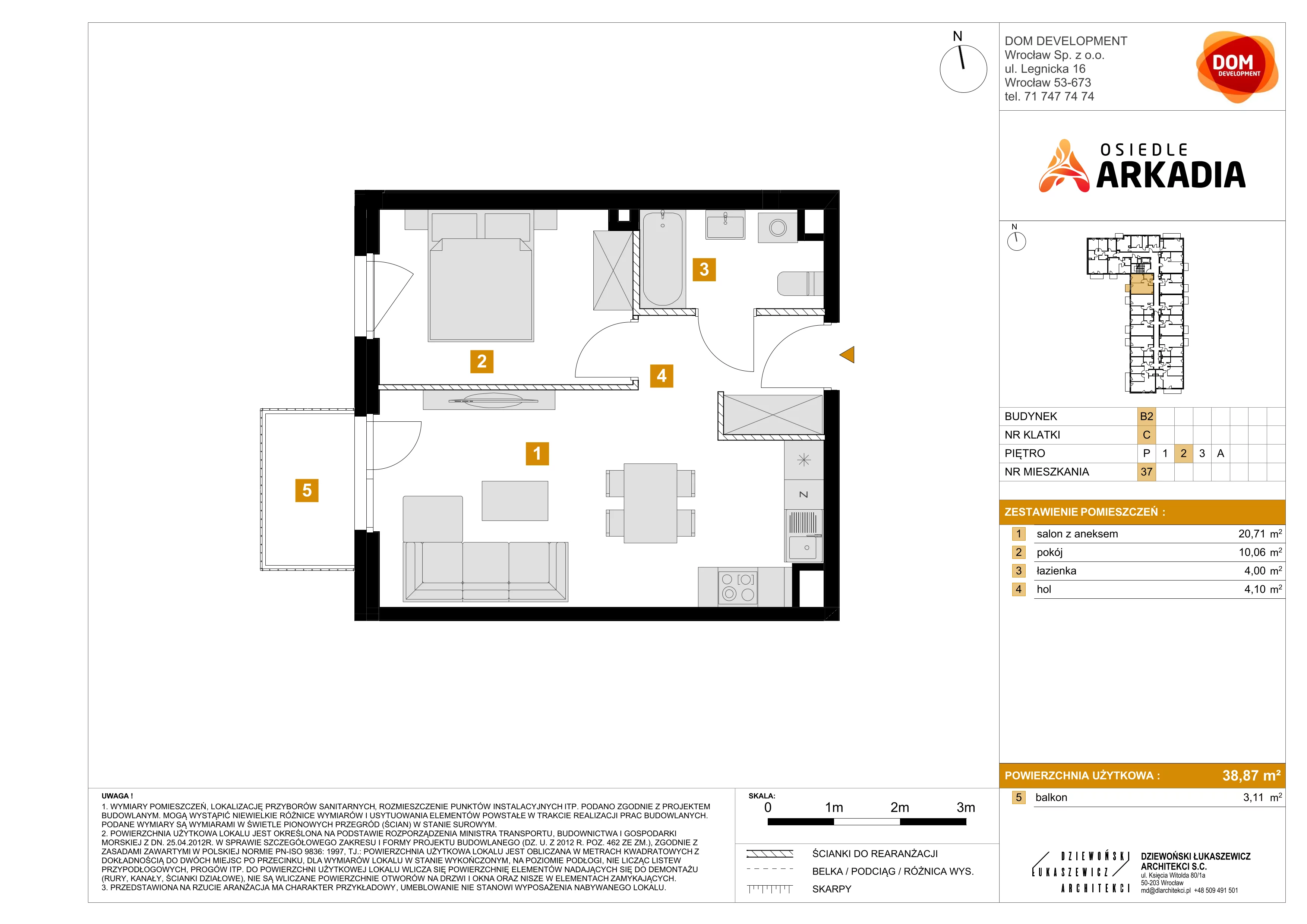 2 pokoje, mieszkanie 38,87 m², piętro 2, oferta nr B2/37, Osiedle Arkadia, Wrocław, Polanowice-Poświętne-Ligota, Poświętne, ul. Ramiszowska 6