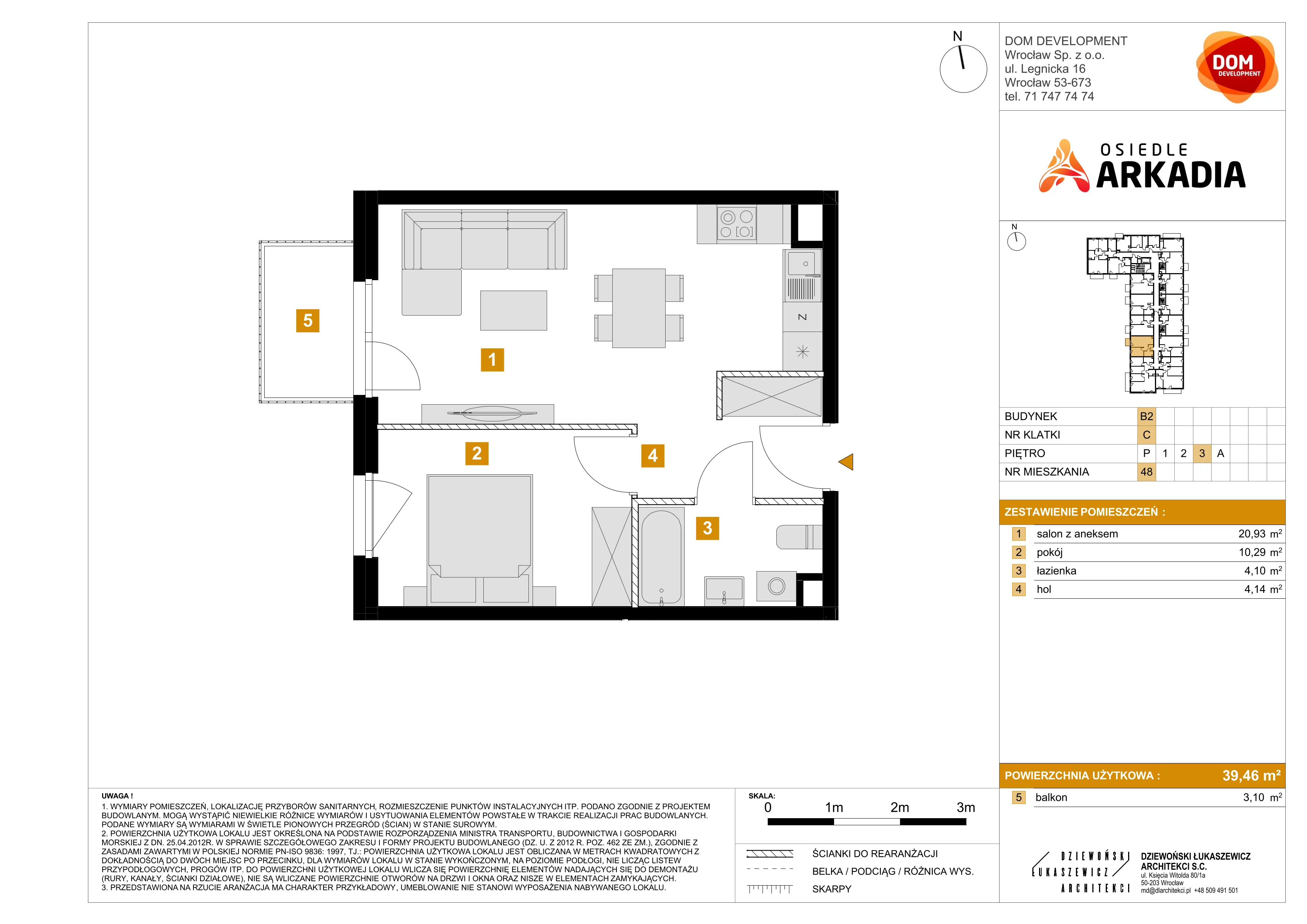2 pokoje, mieszkanie 39,46 m², piętro 3, oferta nr B2/48, Osiedle Arkadia, Wrocław, Polanowice-Poświętne-Ligota, Poświętne, ul. Ramiszowska 6