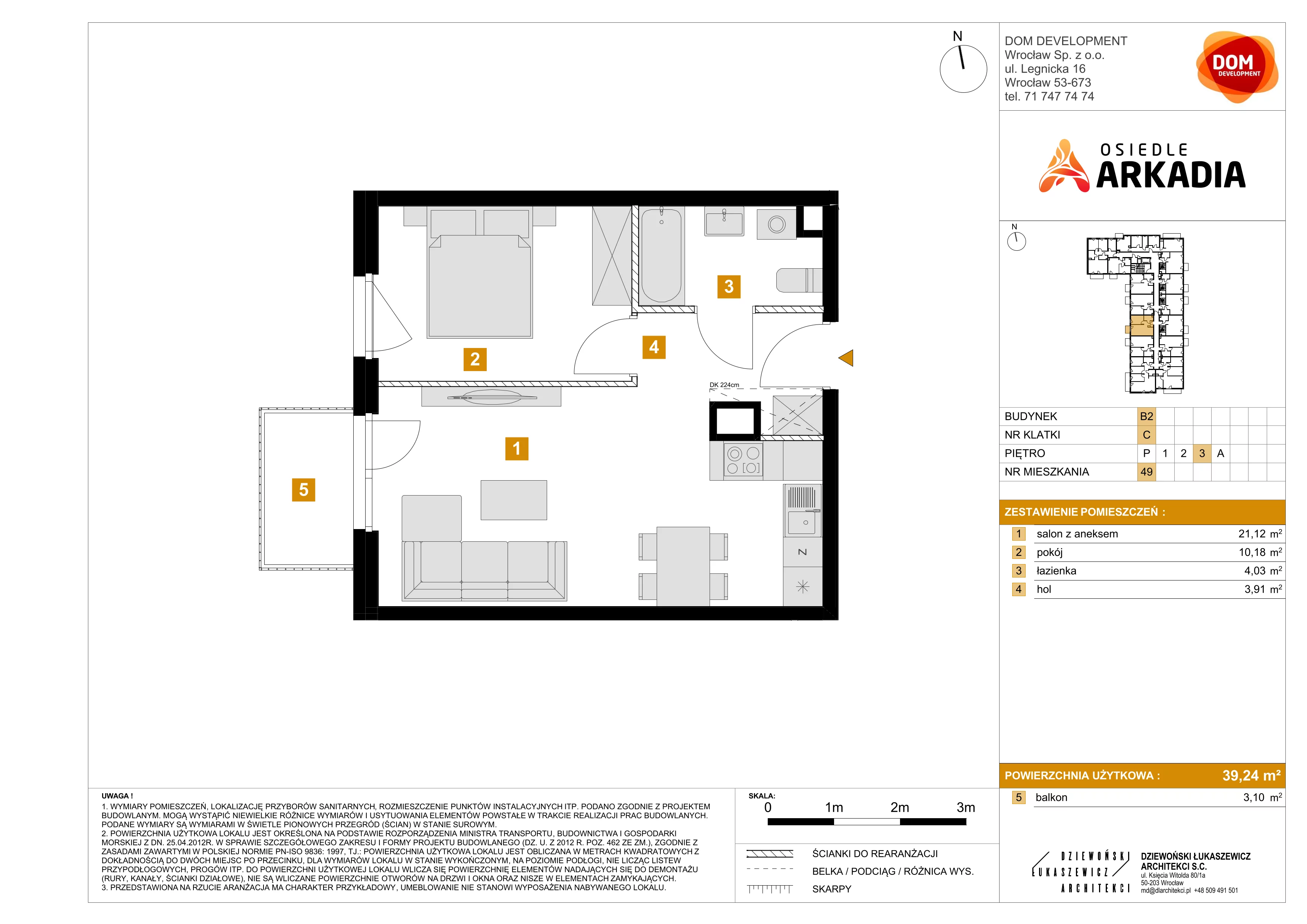 2 pokoje, mieszkanie 39,24 m², piętro 3, oferta nr B2/49, Osiedle Arkadia, Wrocław, Polanowice-Poświętne-Ligota, Poświętne, ul. Ramiszowska 6