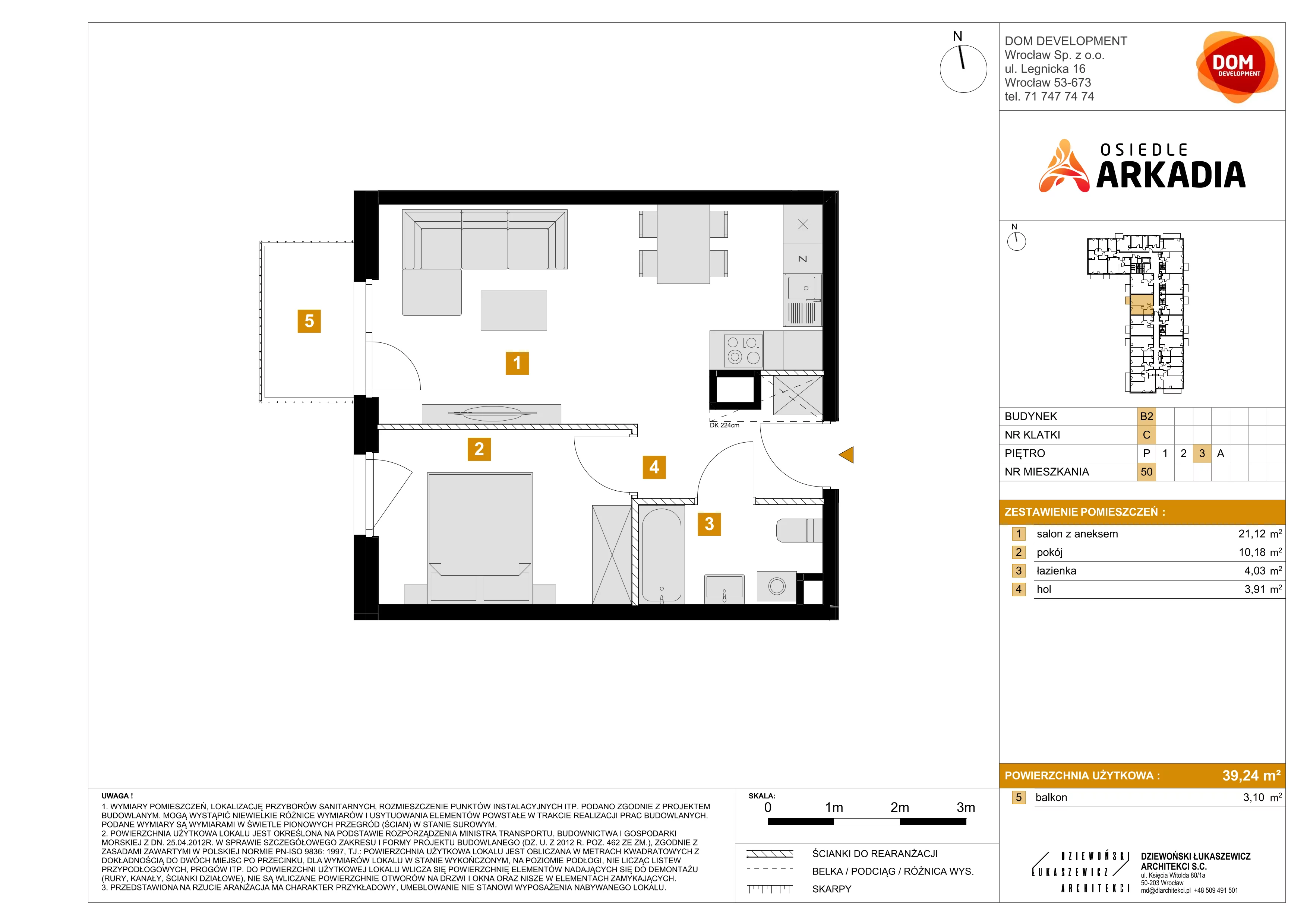 2 pokoje, mieszkanie 39,24 m², piętro 3, oferta nr B2/50, Osiedle Arkadia, Wrocław, Polanowice-Poświętne-Ligota, Poświętne, ul. Ramiszowska 6
