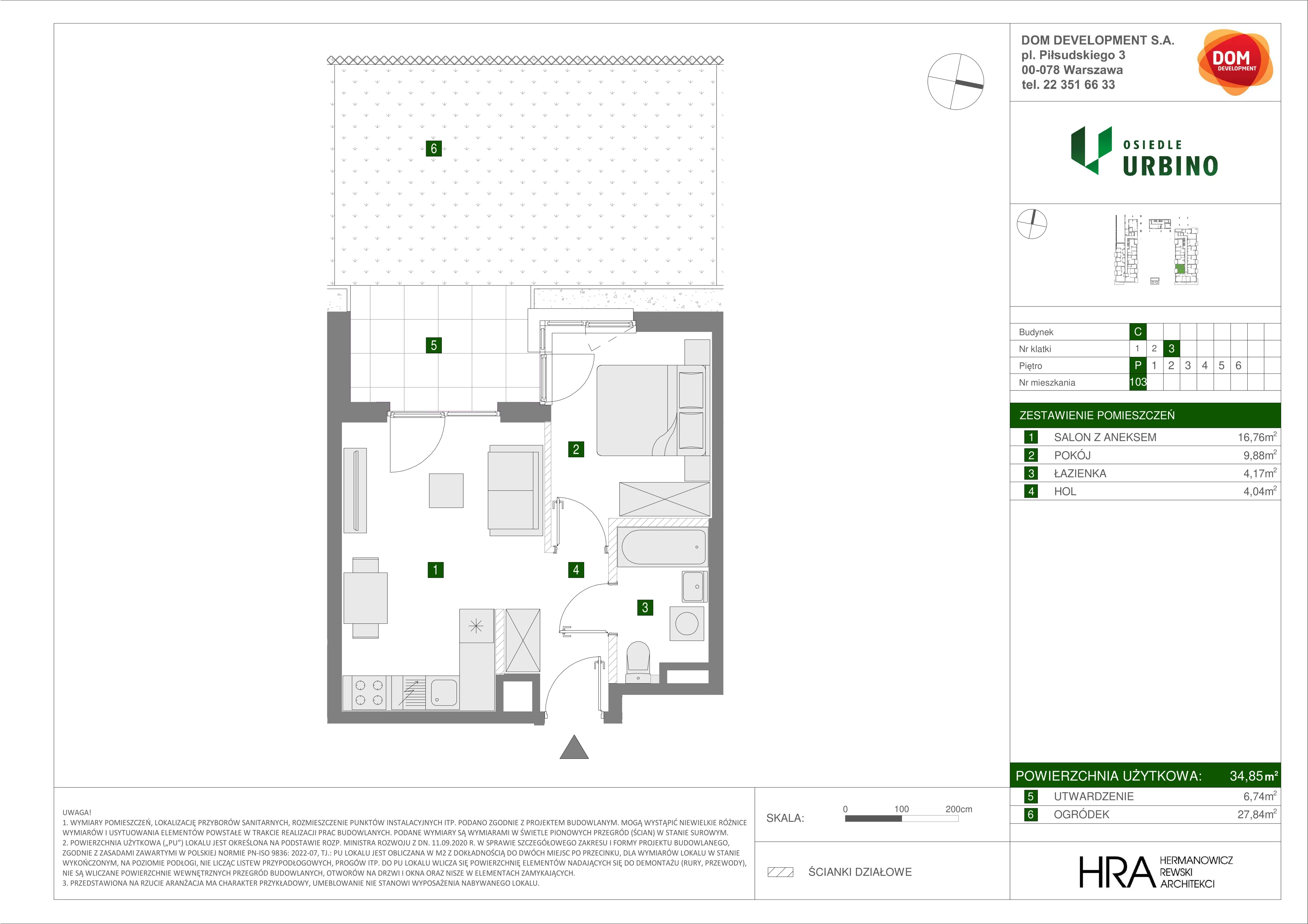 Mieszkanie 34,85 m², parter, oferta nr C/103, Osiedle Urbino 1.3, Warszawa, Włochy, Raków, ul. Równoległa 16