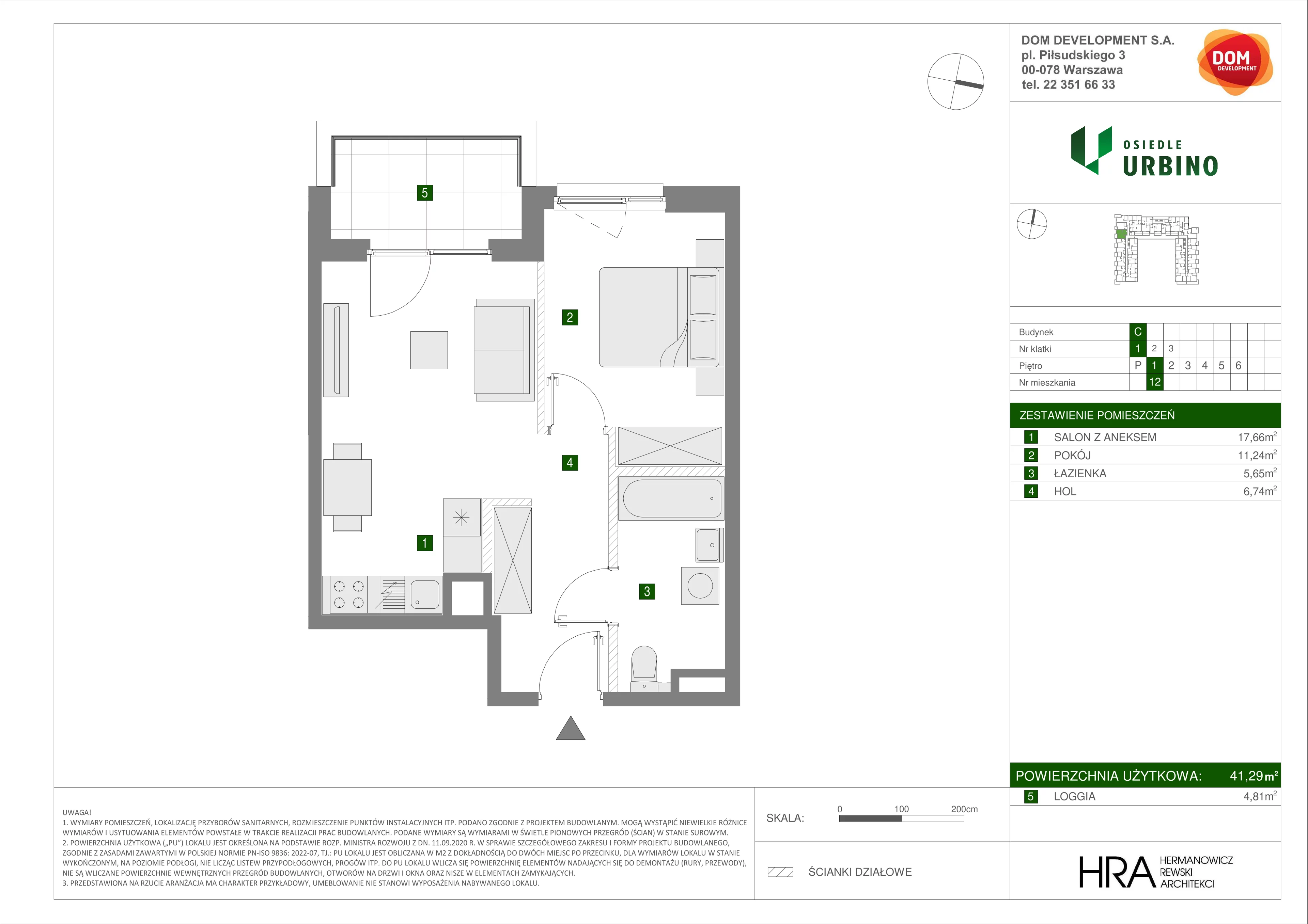 Mieszkanie 41,29 m², piętro 1, oferta nr C/12, Osiedle Urbino 1.3, Warszawa, Włochy, Raków, ul. Równoległa 16