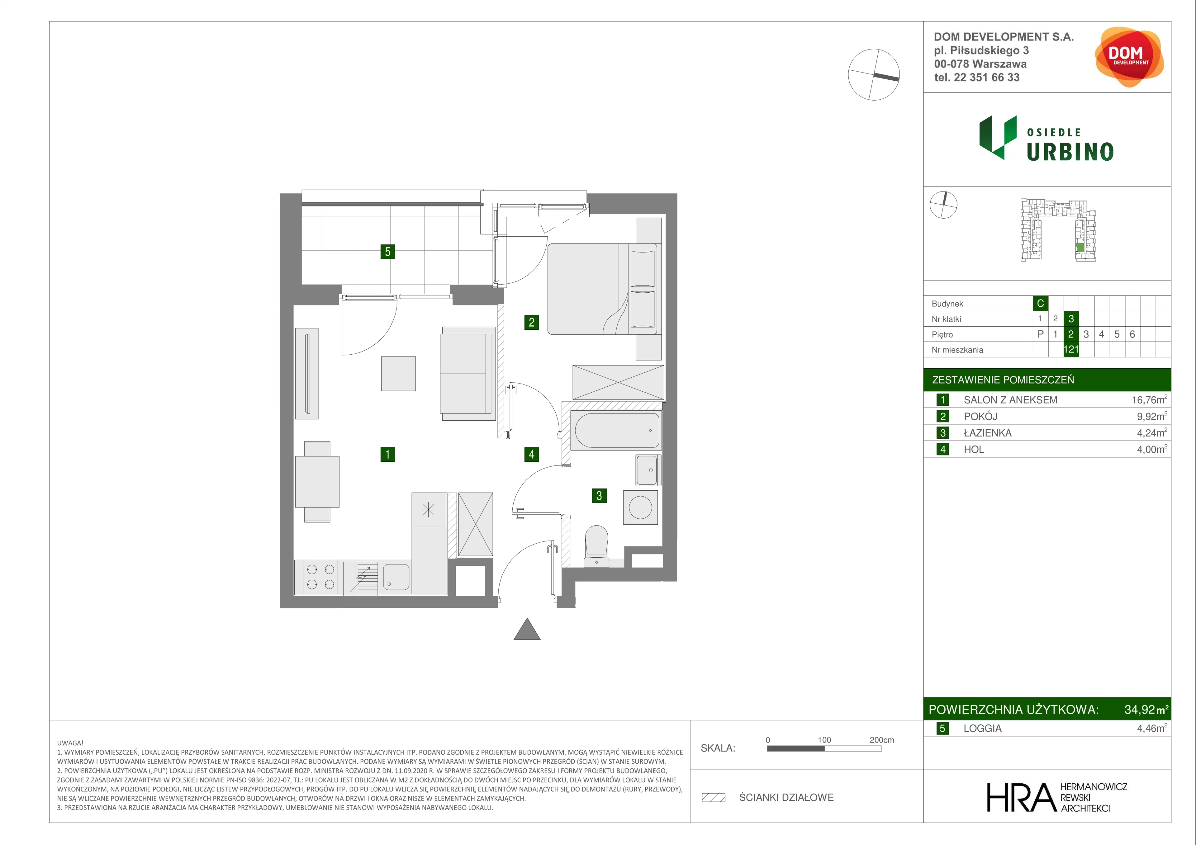 Mieszkanie 34,92 m², piętro 2, oferta nr C/121, Osiedle Urbino 1.3, Warszawa, Włochy, Raków, ul. Równoległa 16