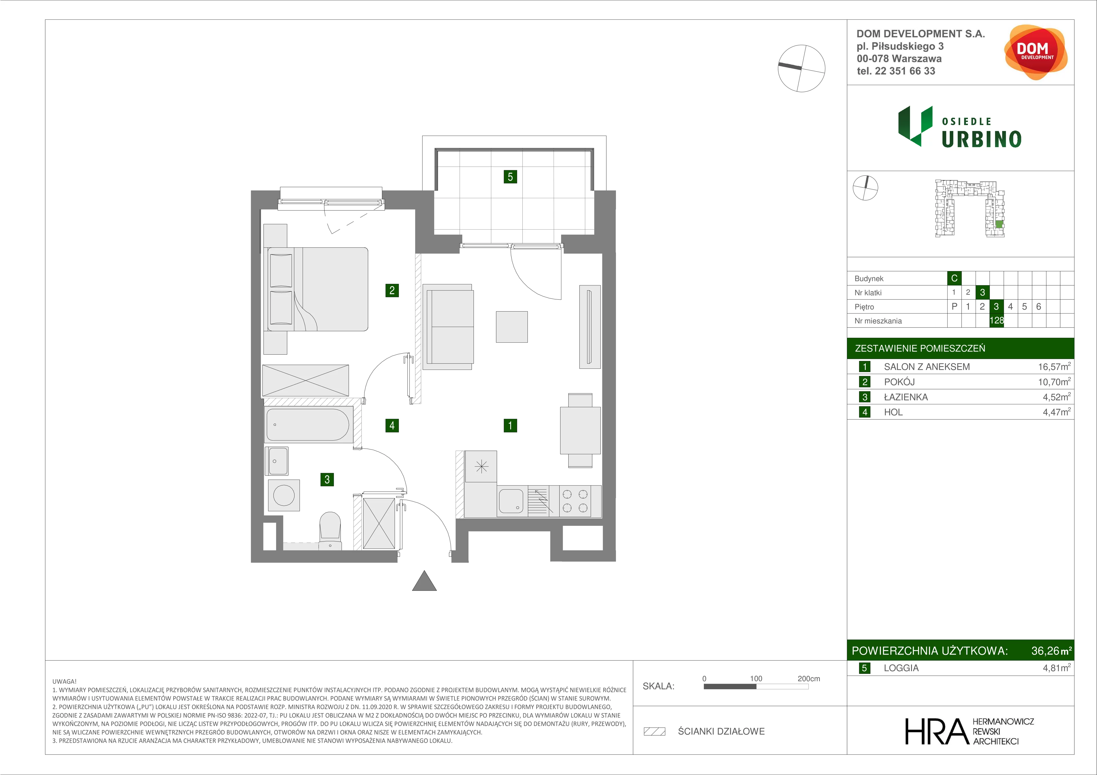 Mieszkanie 36,26 m², piętro 3, oferta nr C/128, Osiedle Urbino 1.3, Warszawa, Włochy, Raków, ul. Równoległa 16