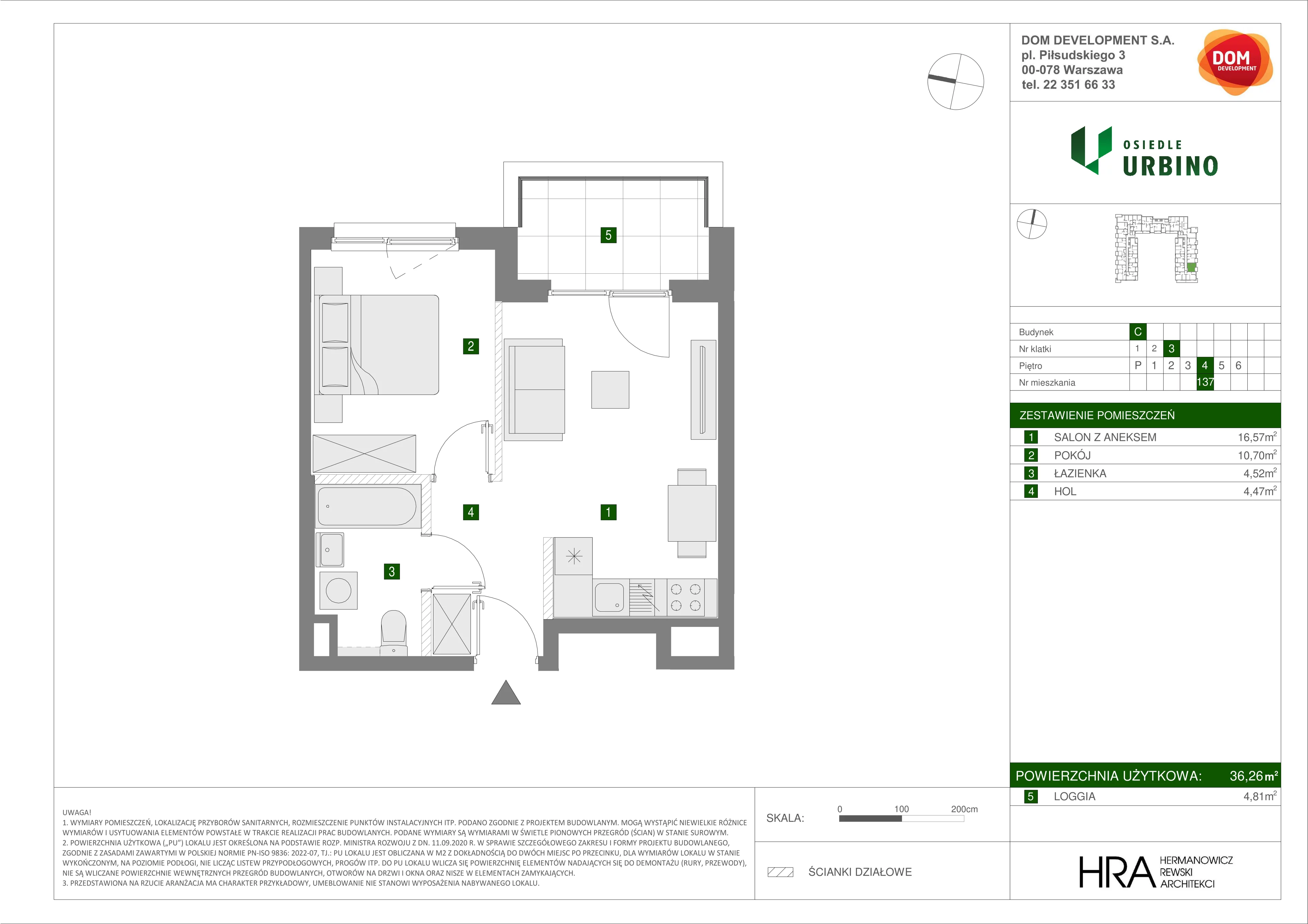 Mieszkanie 36,26 m², piętro 4, oferta nr C/137, Osiedle Urbino 1.3, Warszawa, Włochy, Raków, ul. Równoległa 16