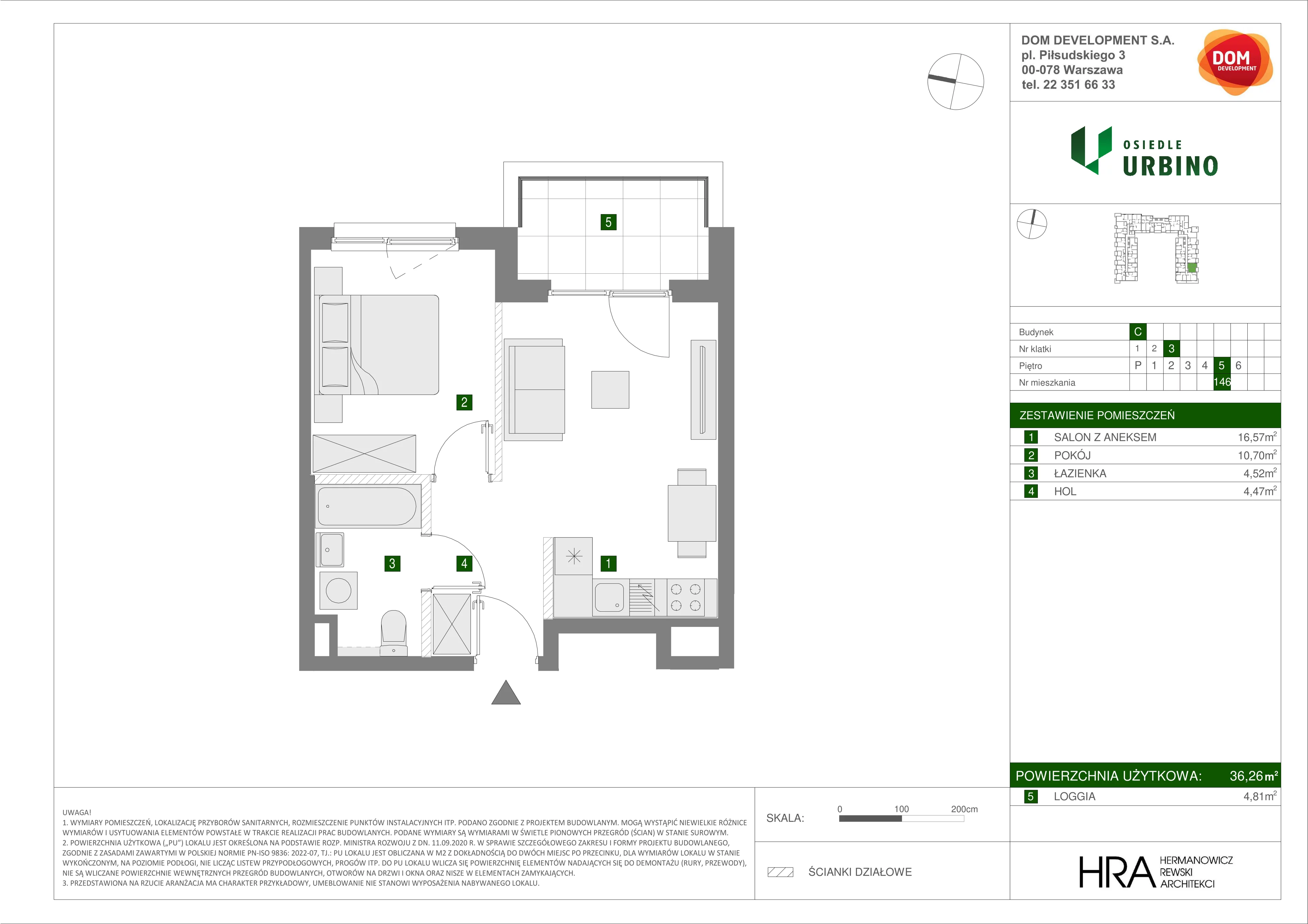 Mieszkanie 36,26 m², piętro 5, oferta nr C/146, Osiedle Urbino 1.3, Warszawa, Włochy, Raków, ul. Równoległa 16