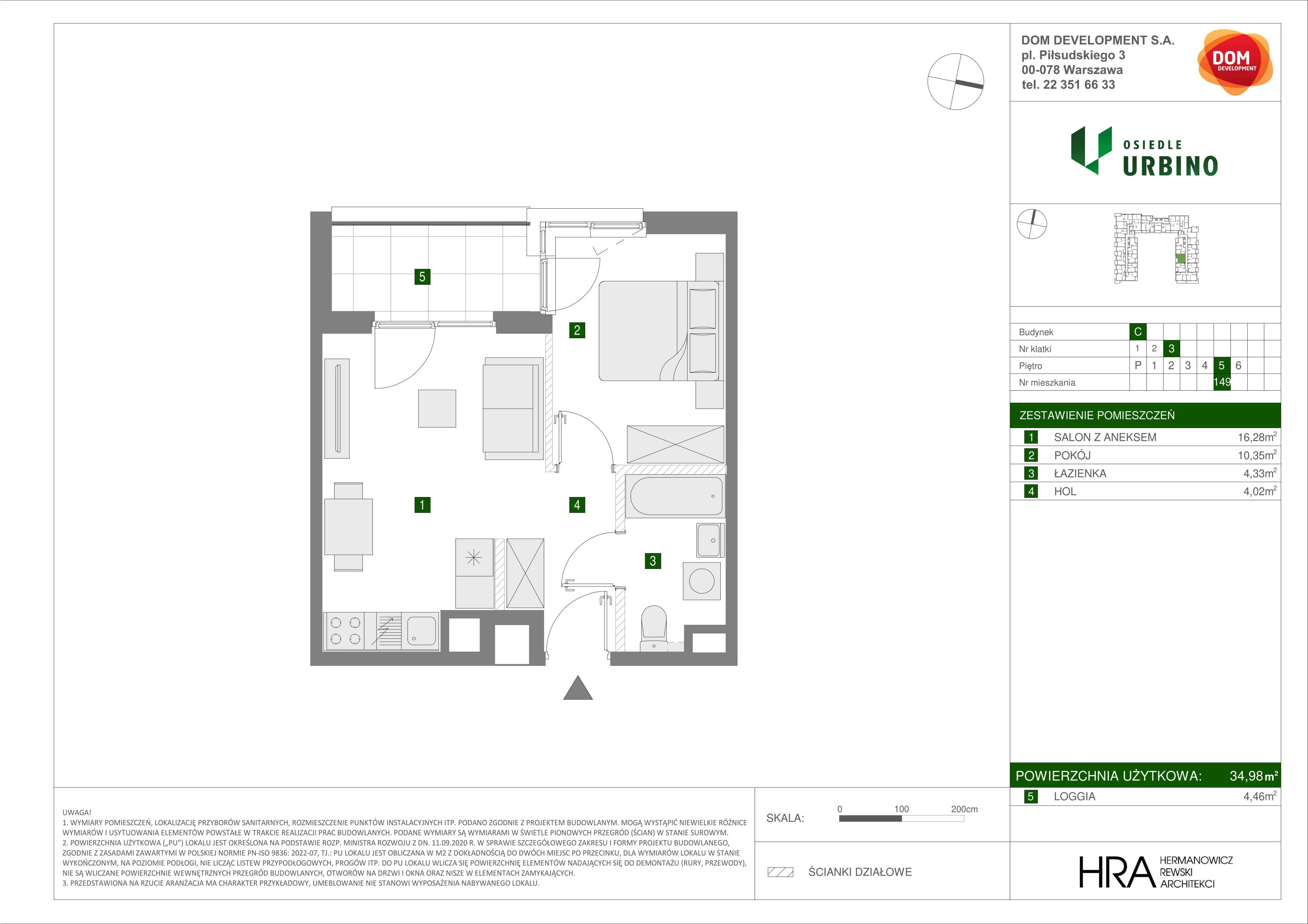 Mieszkanie 34,98 m², piętro 5, oferta nr C/149, Osiedle Urbino 1.3, Warszawa, Włochy, Raków, ul. Równoległa 16