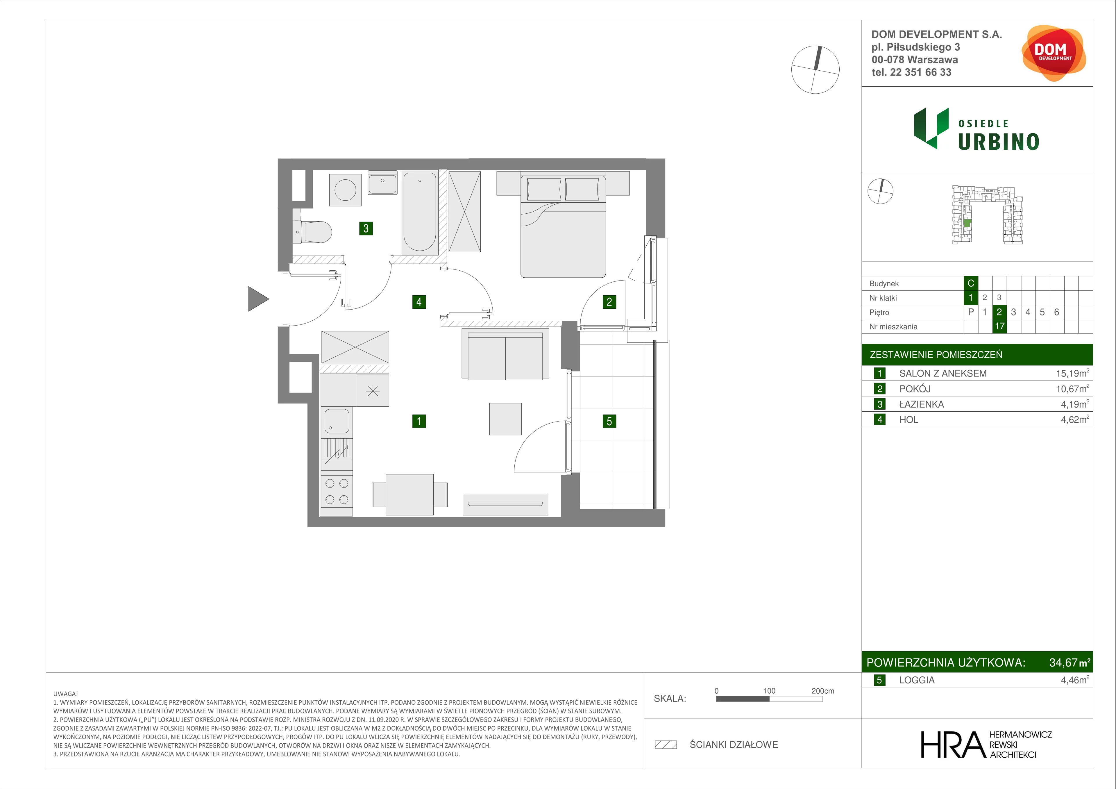 Mieszkanie 34,67 m², piętro 2, oferta nr C/17, Osiedle Urbino 1.3, Warszawa, Włochy, Raków, ul. Równoległa 16