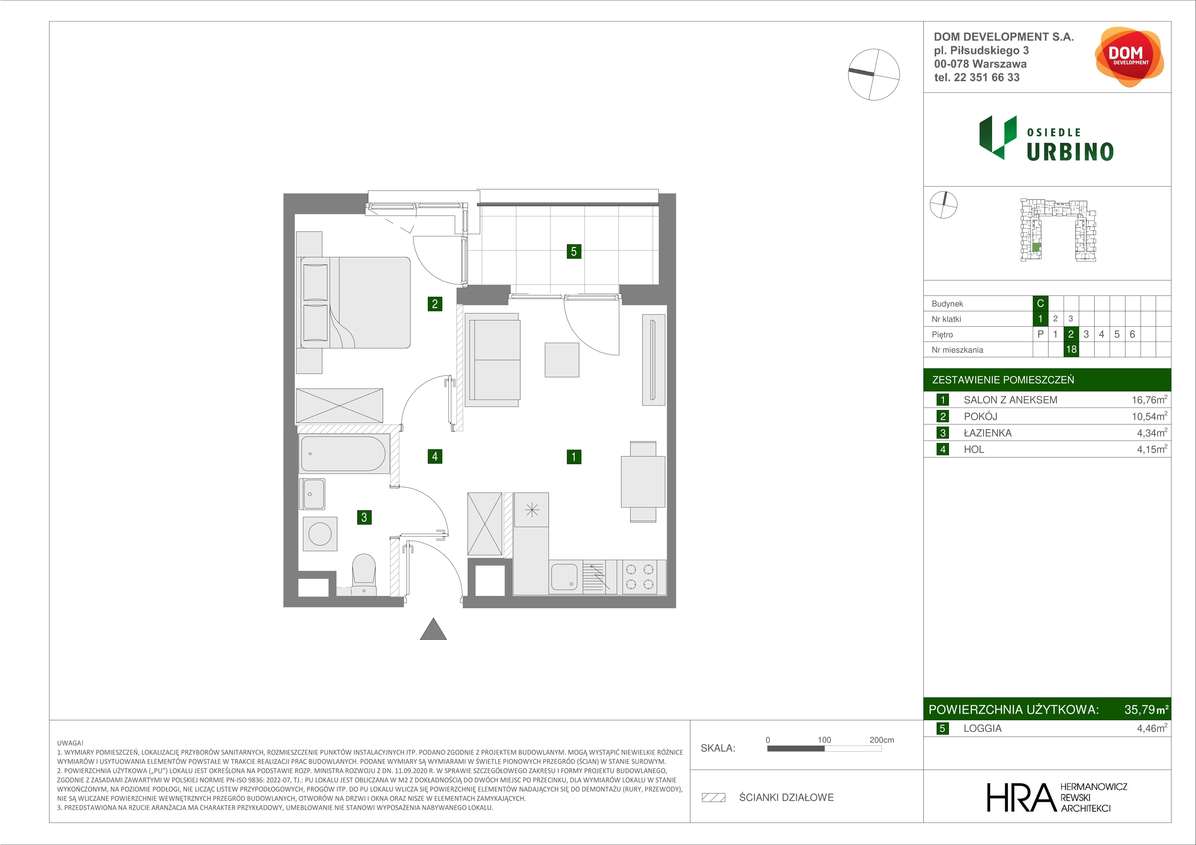 Mieszkanie 35,79 m², piętro 2, oferta nr C/18, Osiedle Urbino 1.3, Warszawa, Włochy, Raków, ul. Równoległa 16