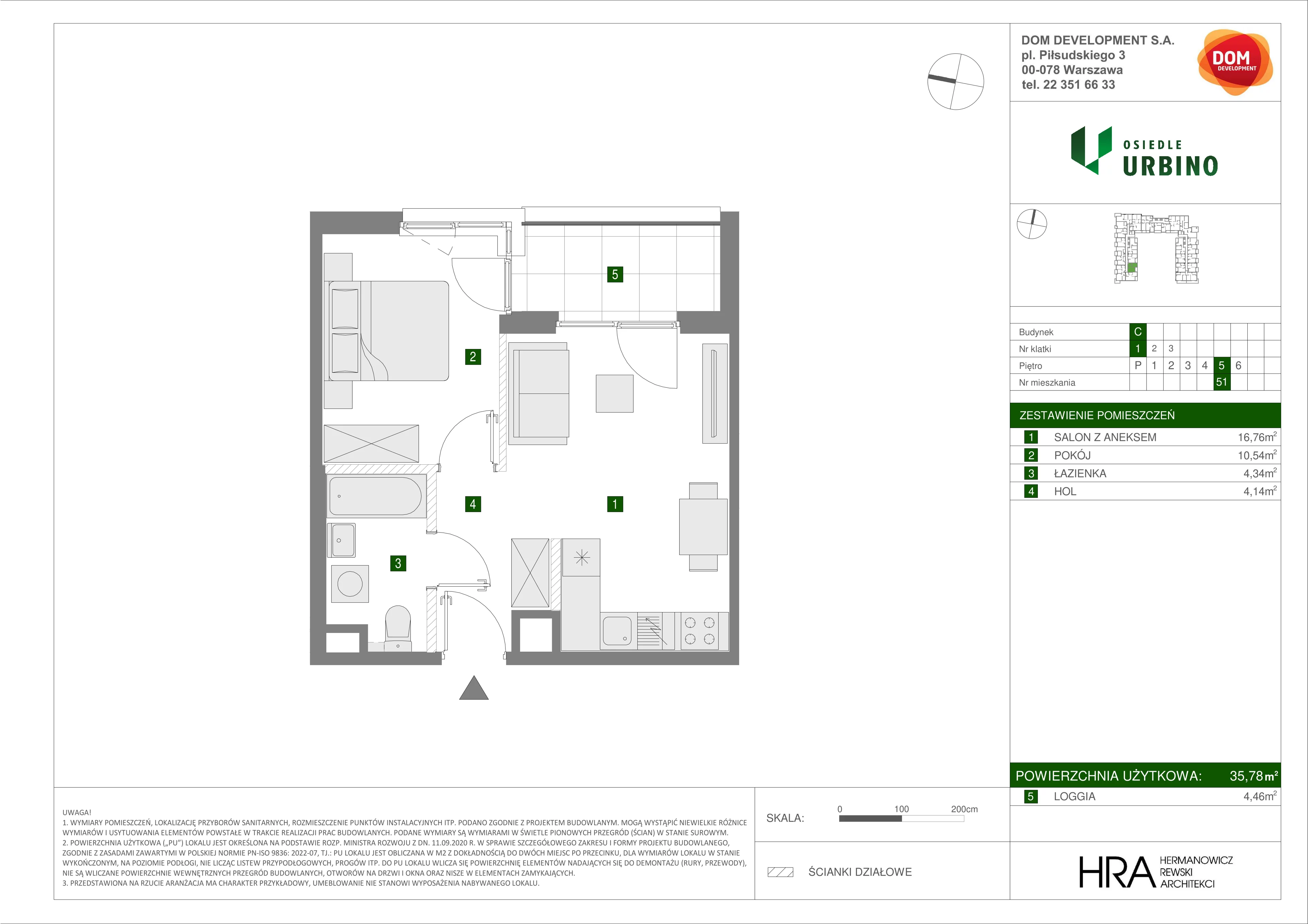 Mieszkanie 35,78 m², piętro 5, oferta nr C/51, Osiedle Urbino 1.3, Warszawa, Włochy, Raków, ul. Równoległa 16