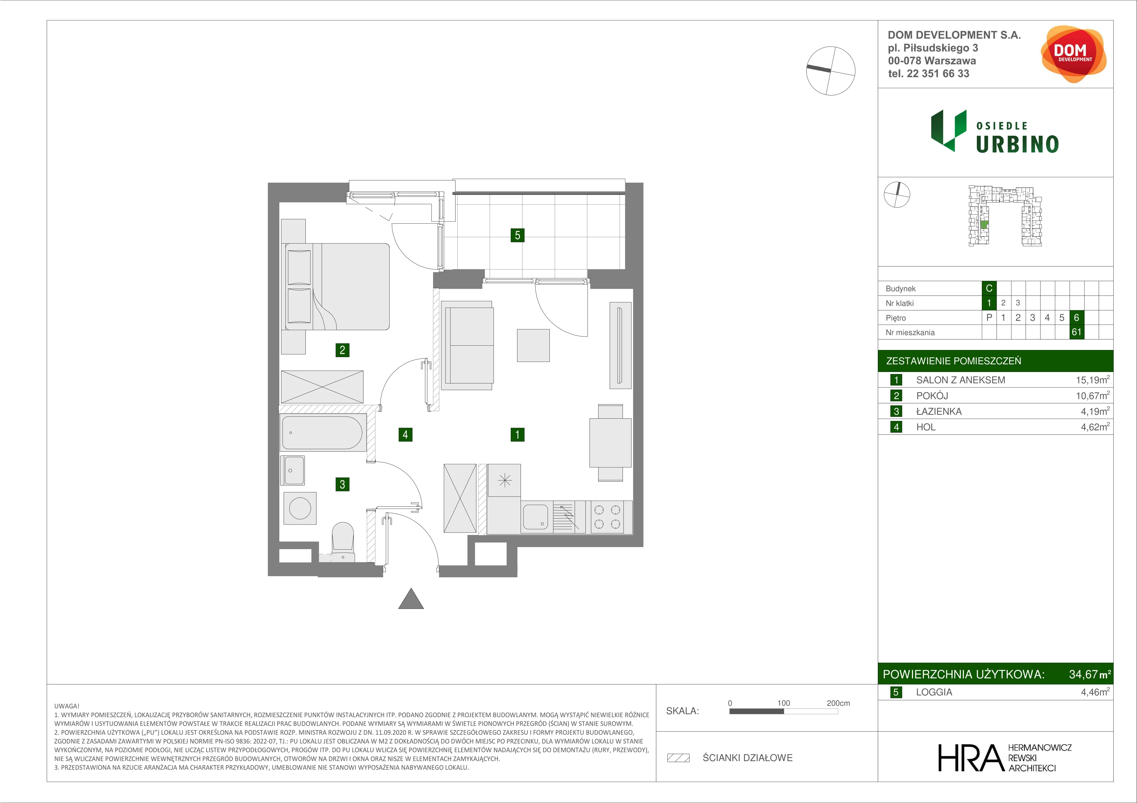 Mieszkanie 34,67 m², piętro 6, oferta nr C/61, Osiedle Urbino 1.3, Warszawa, Włochy, Raków, ul. Równoległa 16