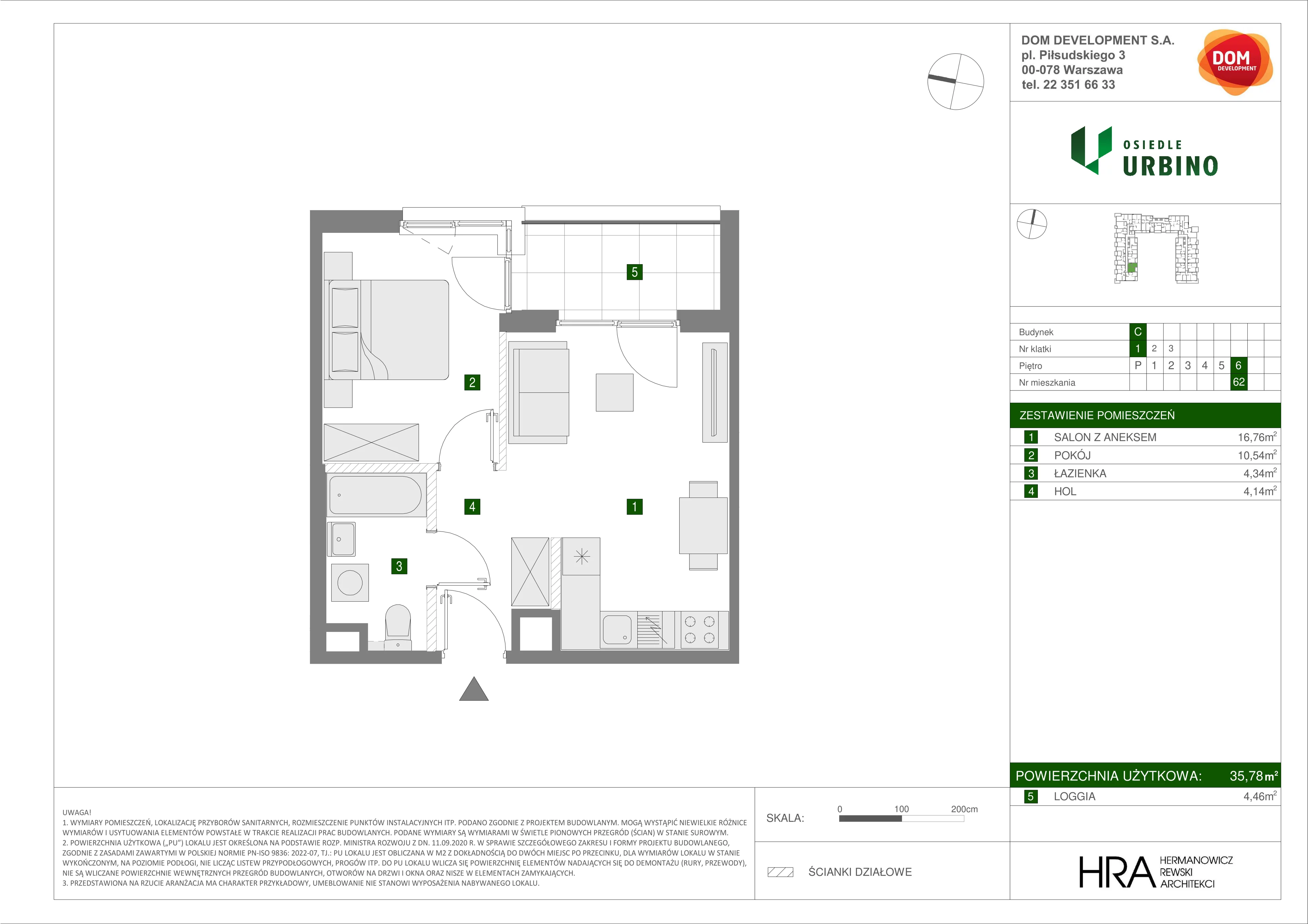 Mieszkanie 35,78 m², piętro 6, oferta nr C/62, Osiedle Urbino 1.3, Warszawa, Włochy, Raków, ul. Równoległa 16