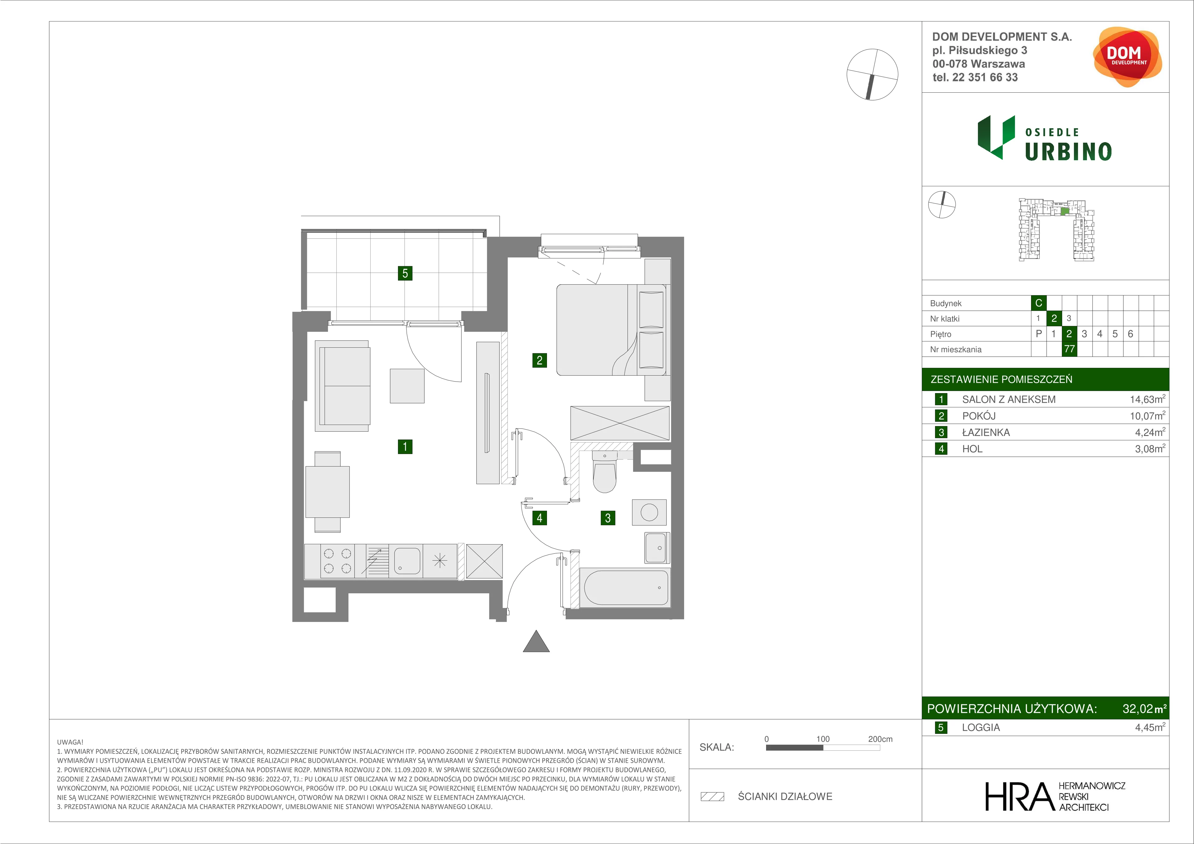 2 pokoje, mieszkanie 32,02 m², piętro 2, oferta nr C/77, Osiedle Urbino 1.3, Warszawa, Włochy, Raków, ul. Równoległa 16