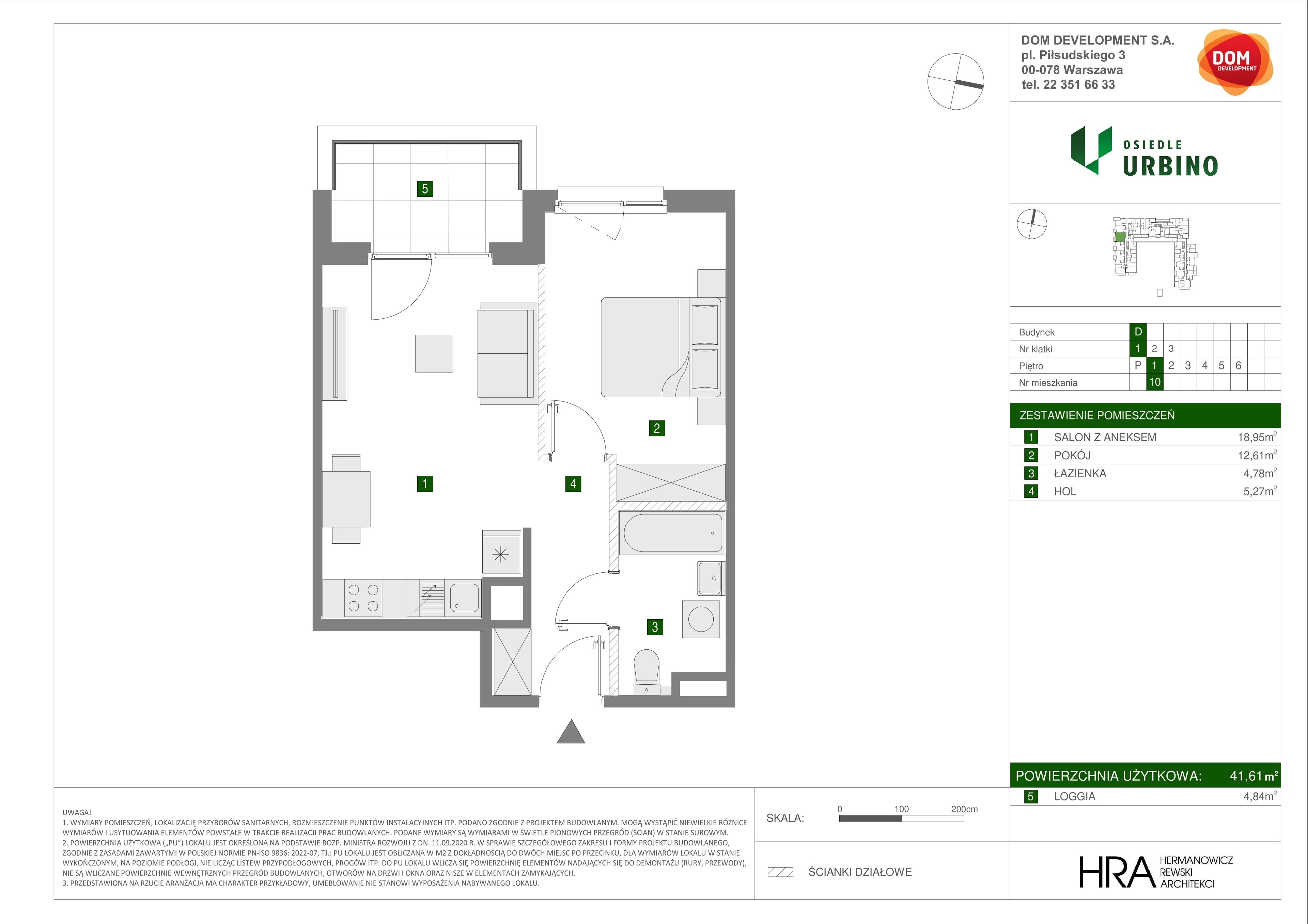 2 pokoje, mieszkanie 41,61 m², piętro 1, oferta nr D/10, Osiedle Urbino 1.4, Warszawa, Włochy, Raków, ul. Równoległa