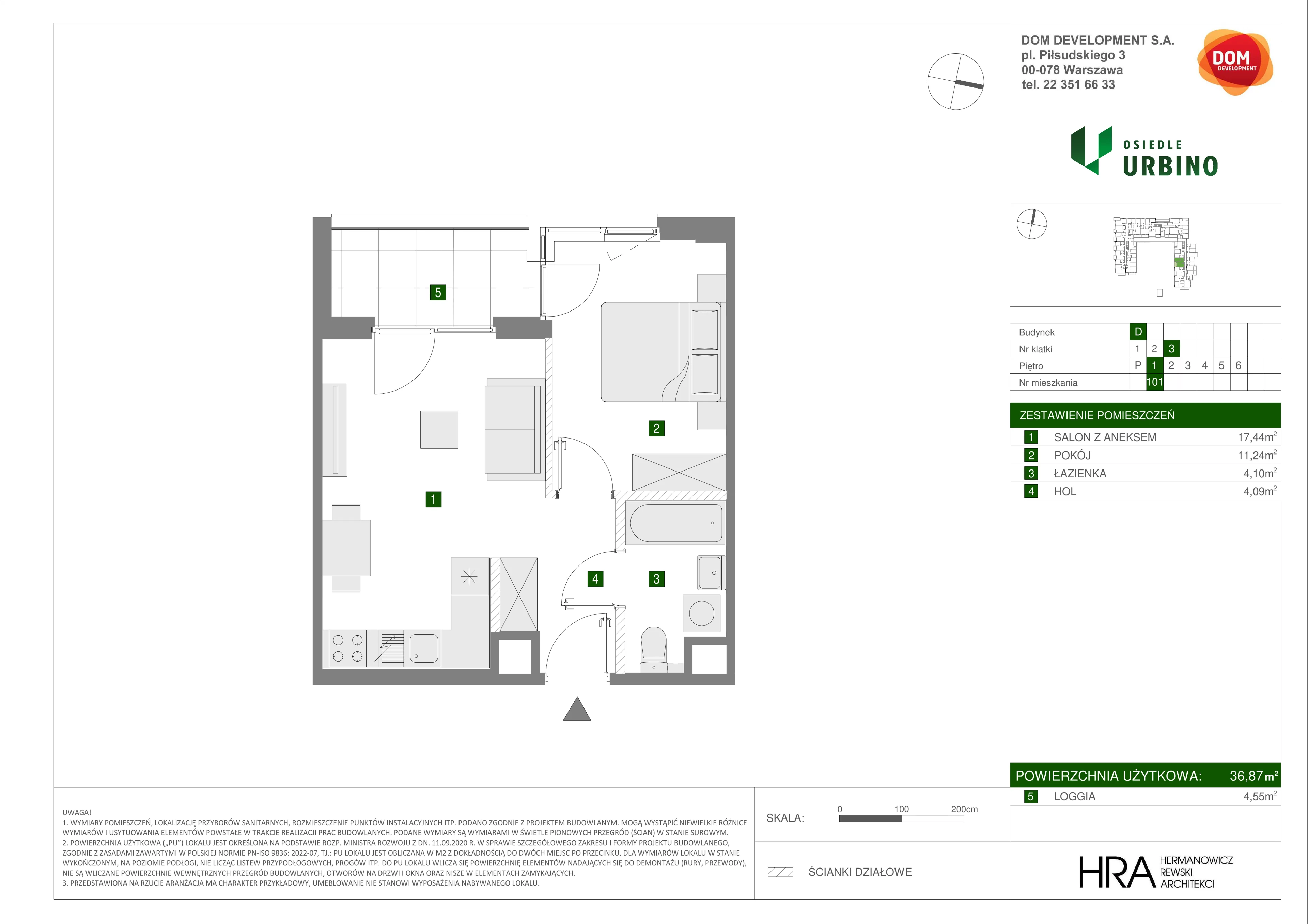 2 pokoje, mieszkanie 36,87 m², piętro 1, oferta nr D/101, Osiedle Urbino 1.4, Warszawa, Włochy, Raków, ul. Równoległa