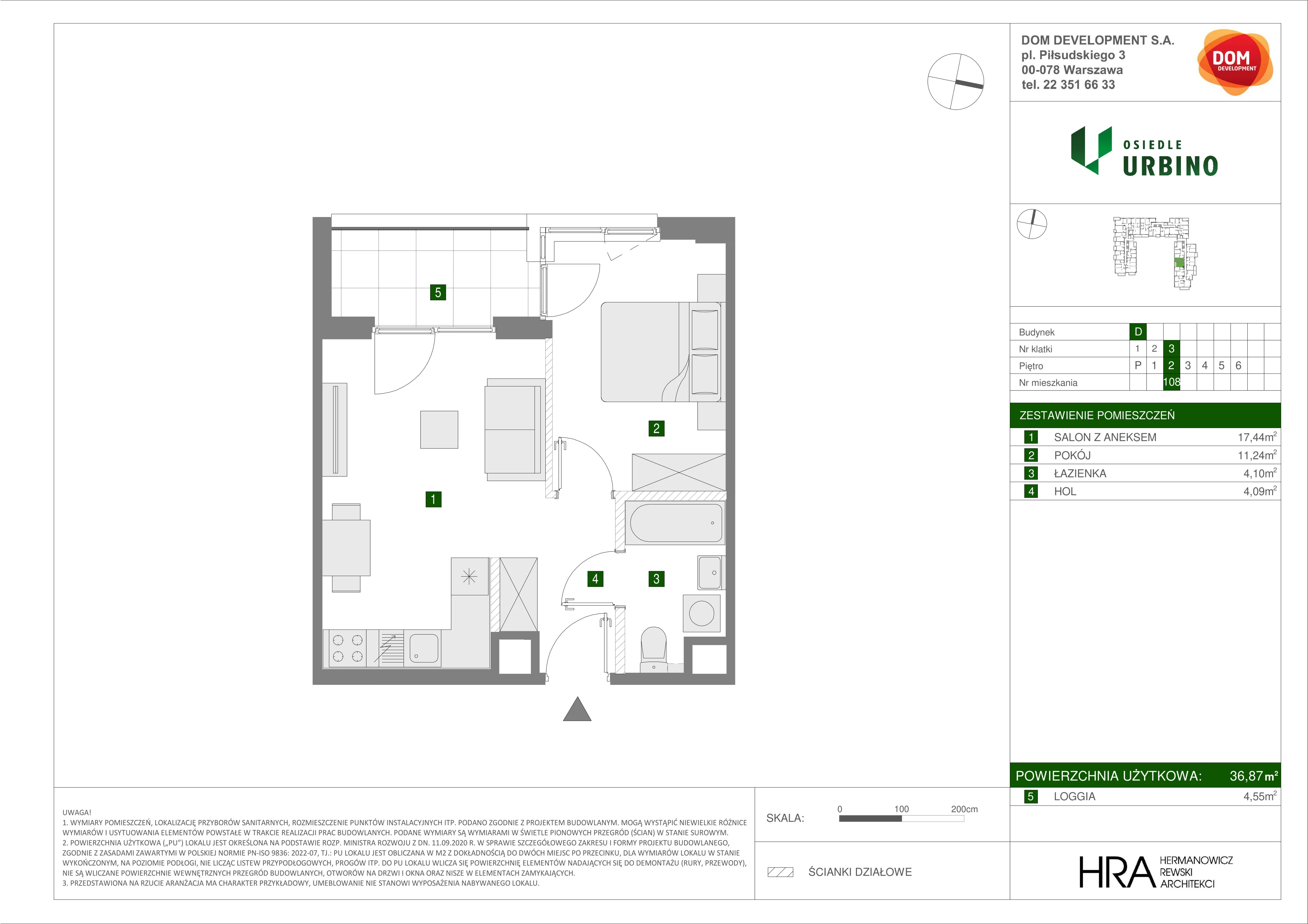 2 pokoje, mieszkanie 36,87 m², piętro 2, oferta nr D/108, Osiedle Urbino 1.4, Warszawa, Włochy, Raków, ul. Równoległa