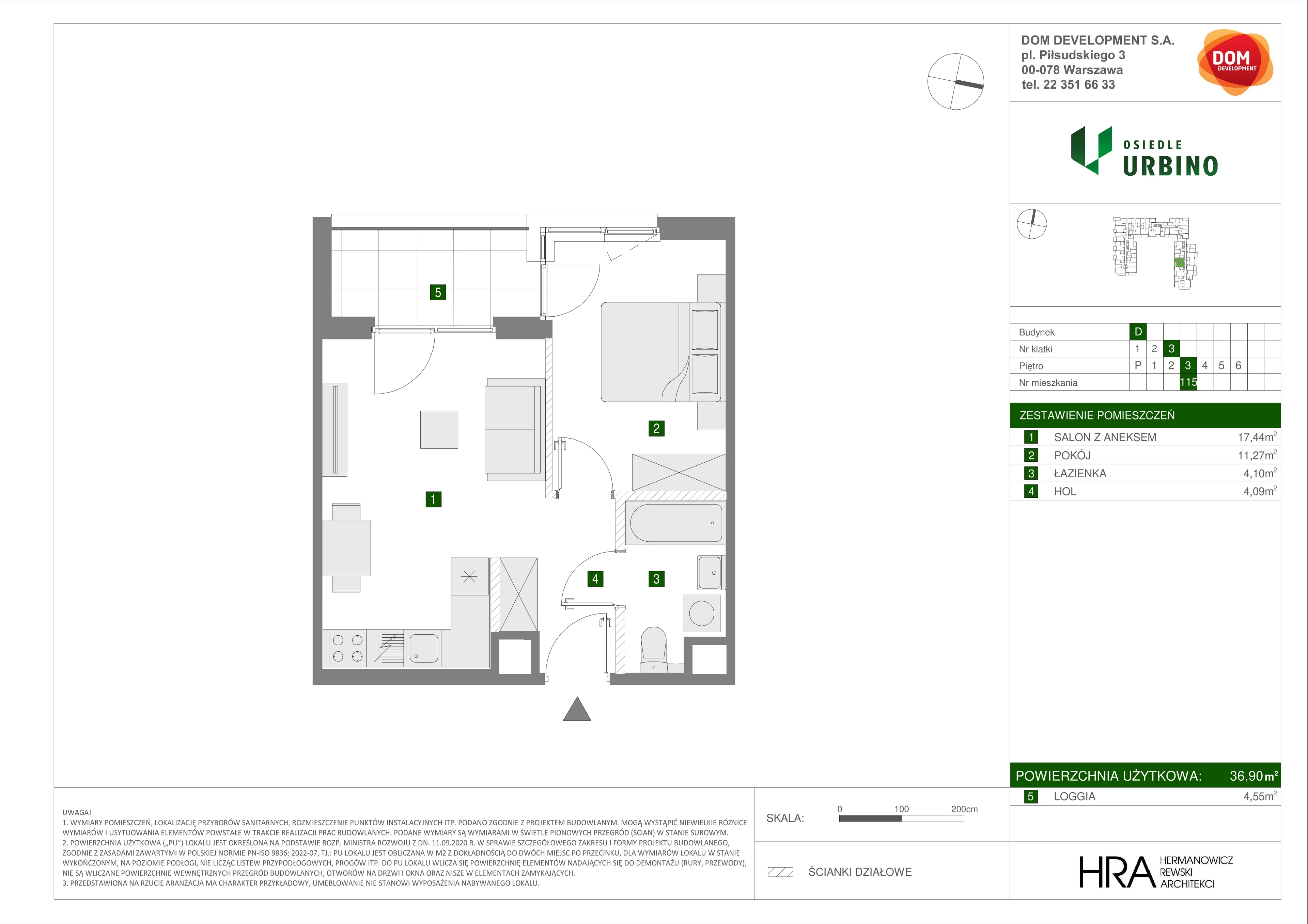 2 pokoje, mieszkanie 36,90 m², piętro 3, oferta nr D/115, Osiedle Urbino 1.4, Warszawa, Włochy, Raków, ul. Równoległa