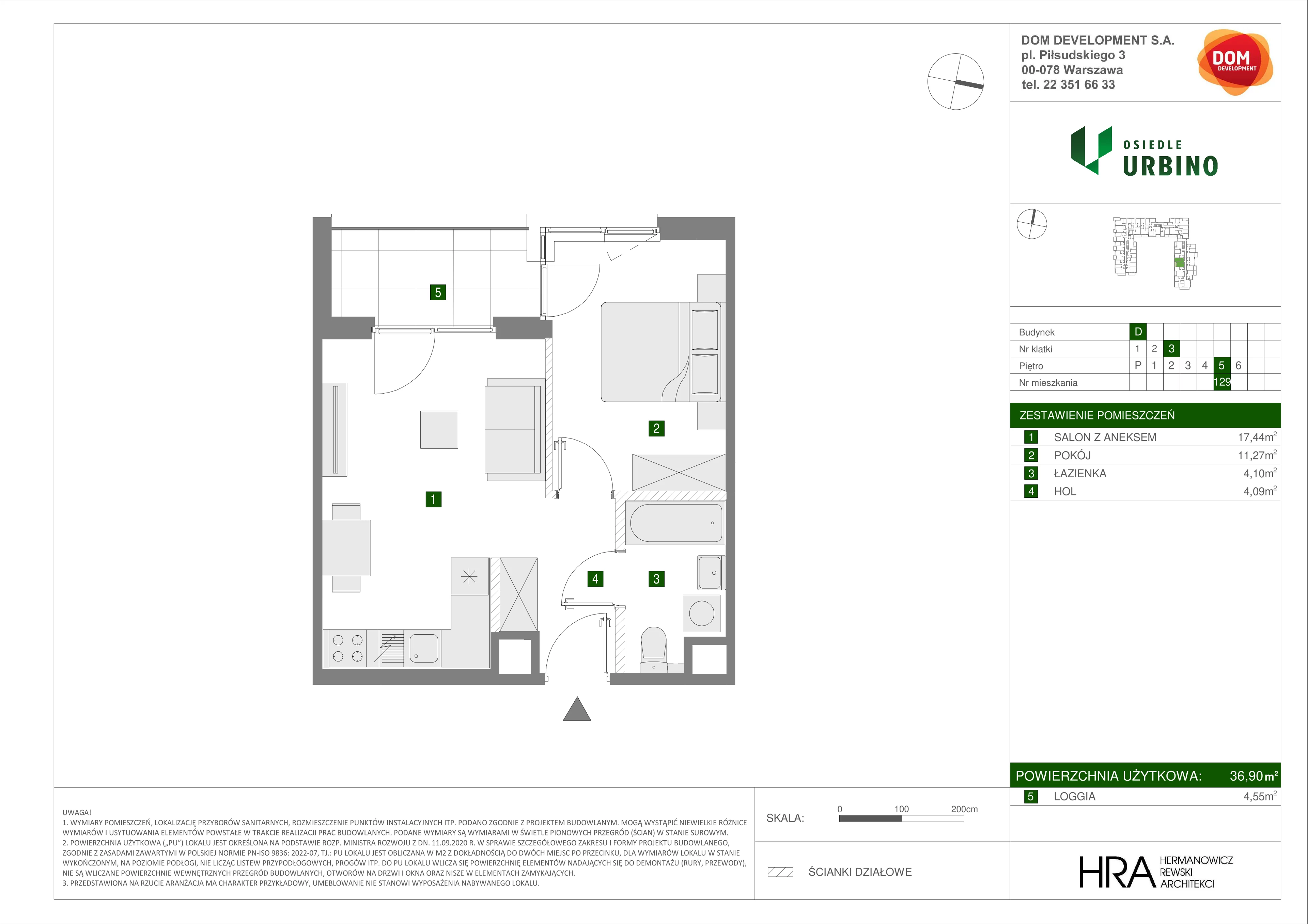 2 pokoje, mieszkanie 36,90 m², piętro 5, oferta nr D/129, Osiedle Urbino 1.4, Warszawa, Włochy, Raków, ul. Równoległa