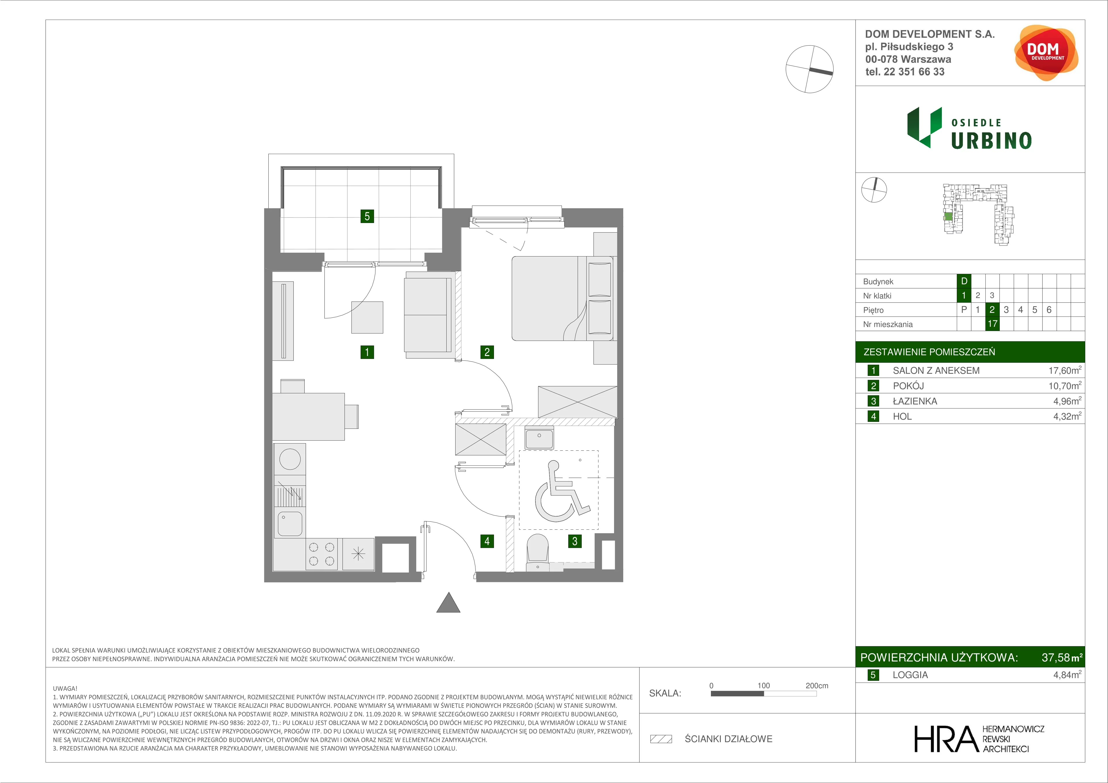 2 pokoje, mieszkanie 37,58 m², piętro 2, oferta nr D/17, Osiedle Urbino 1.4, Warszawa, Włochy, Raków, ul. Równoległa