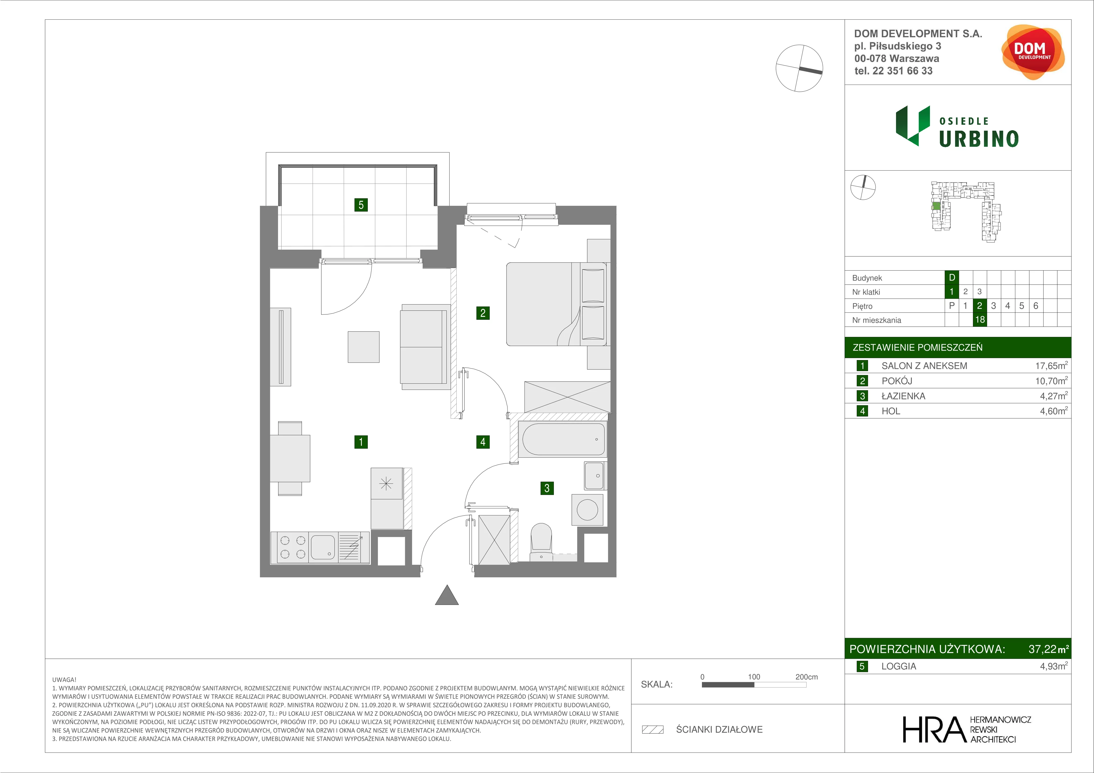 2 pokoje, mieszkanie 37,22 m², piętro 2, oferta nr D/18, Osiedle Urbino 1.4, Warszawa, Włochy, Raków, ul. Równoległa